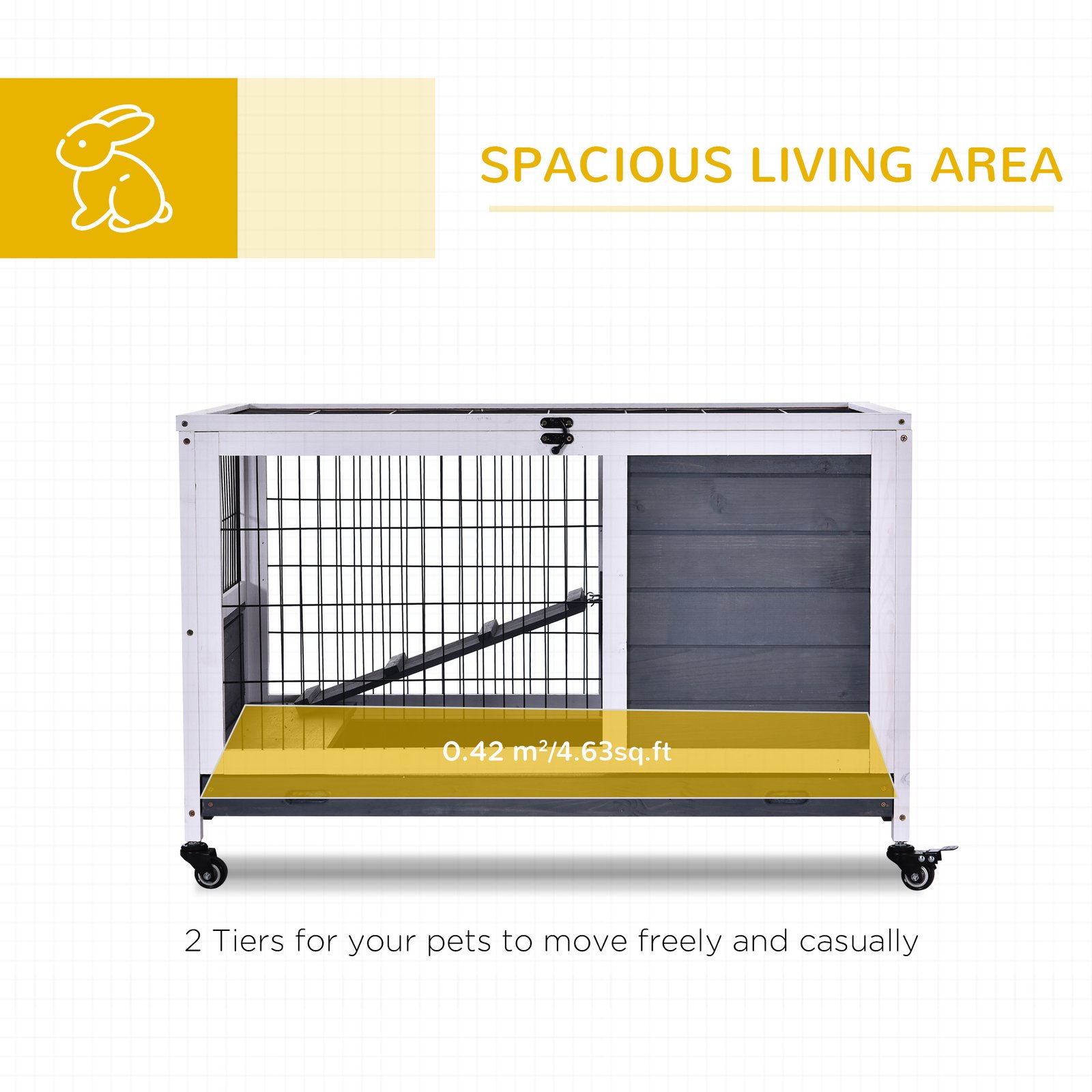 Wooden Guinea Pig Hutch, 2-Floor Bunny Cage w/ Enclosed Run Area, Grey - Image 4