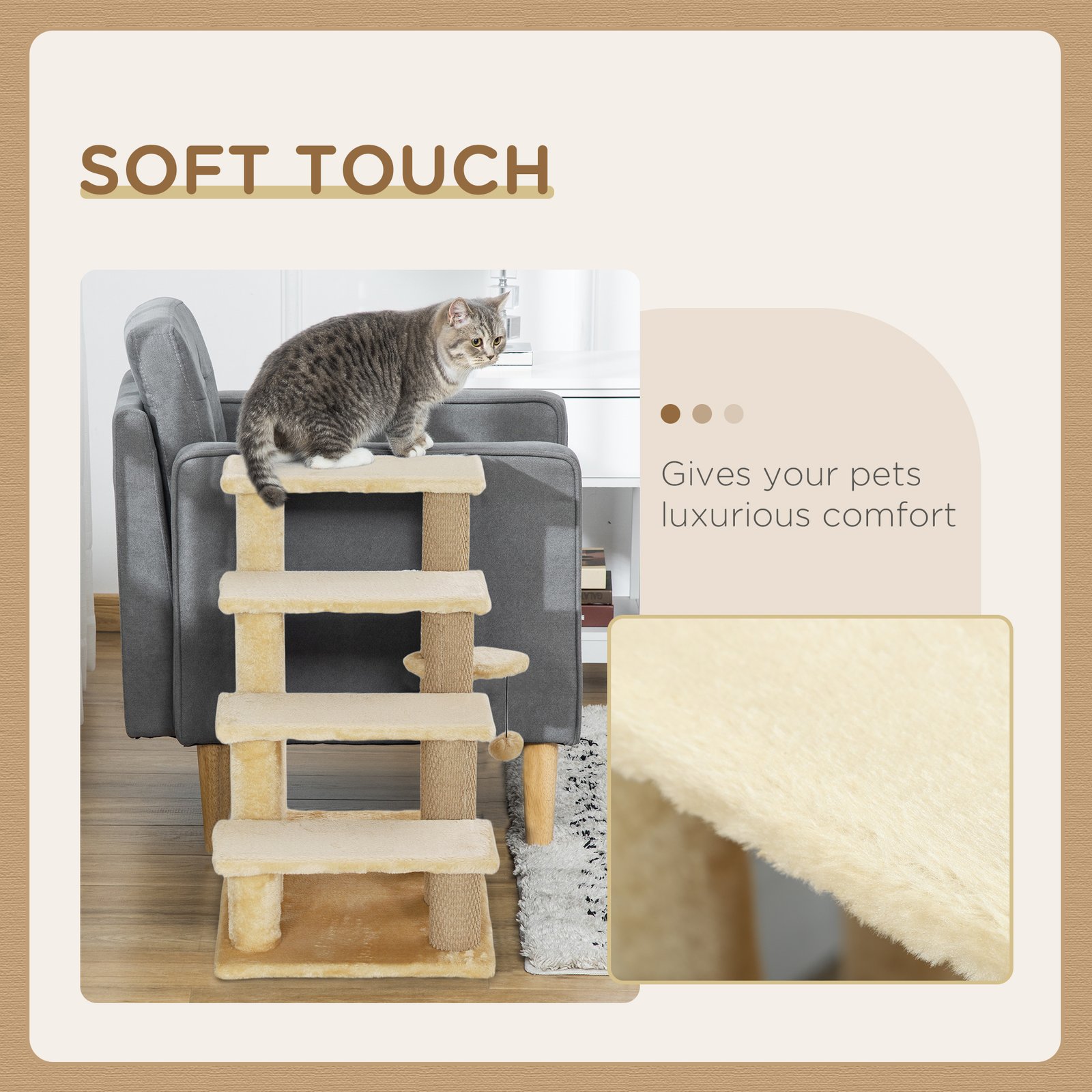 4-step Pet Stairs with Scratching Posts, Platforms, Toy Ball, Beige - Image 6