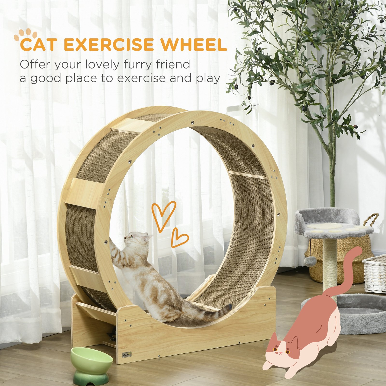 Cat Wheel with Brake, Scratching Pads - Oak Tone - Image 4