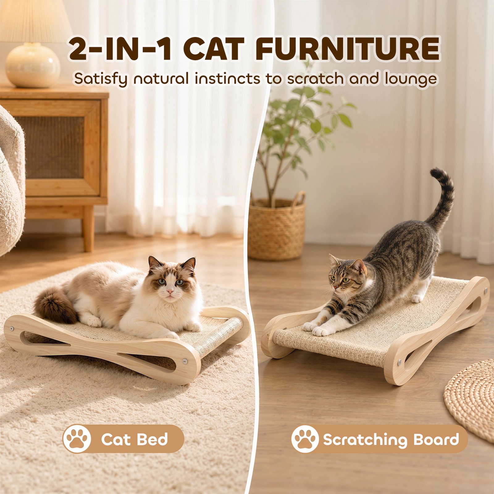 2 in 1 Sisal Cat Scratcher Bed Cat Scratching Board and Lounger 60 x 35 x 13 cm Cream White