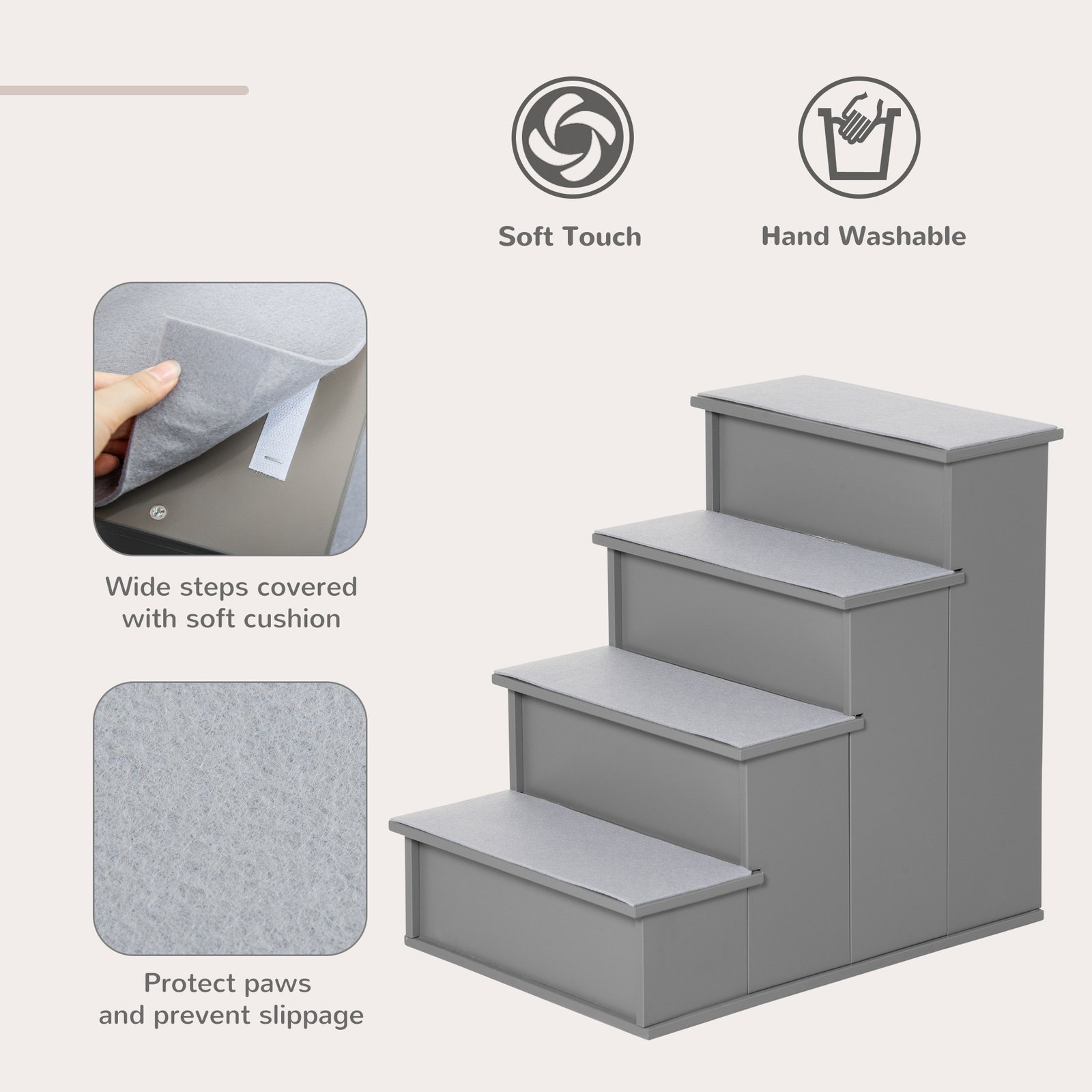4 Step Dog Steps for Bed, Wooden Dog Steps for Sofa, Pet Stairs for Bed Couch with Non-Slip Carpet for Cats and Puppies, 40 x 59 x 54.2 cm, Grey