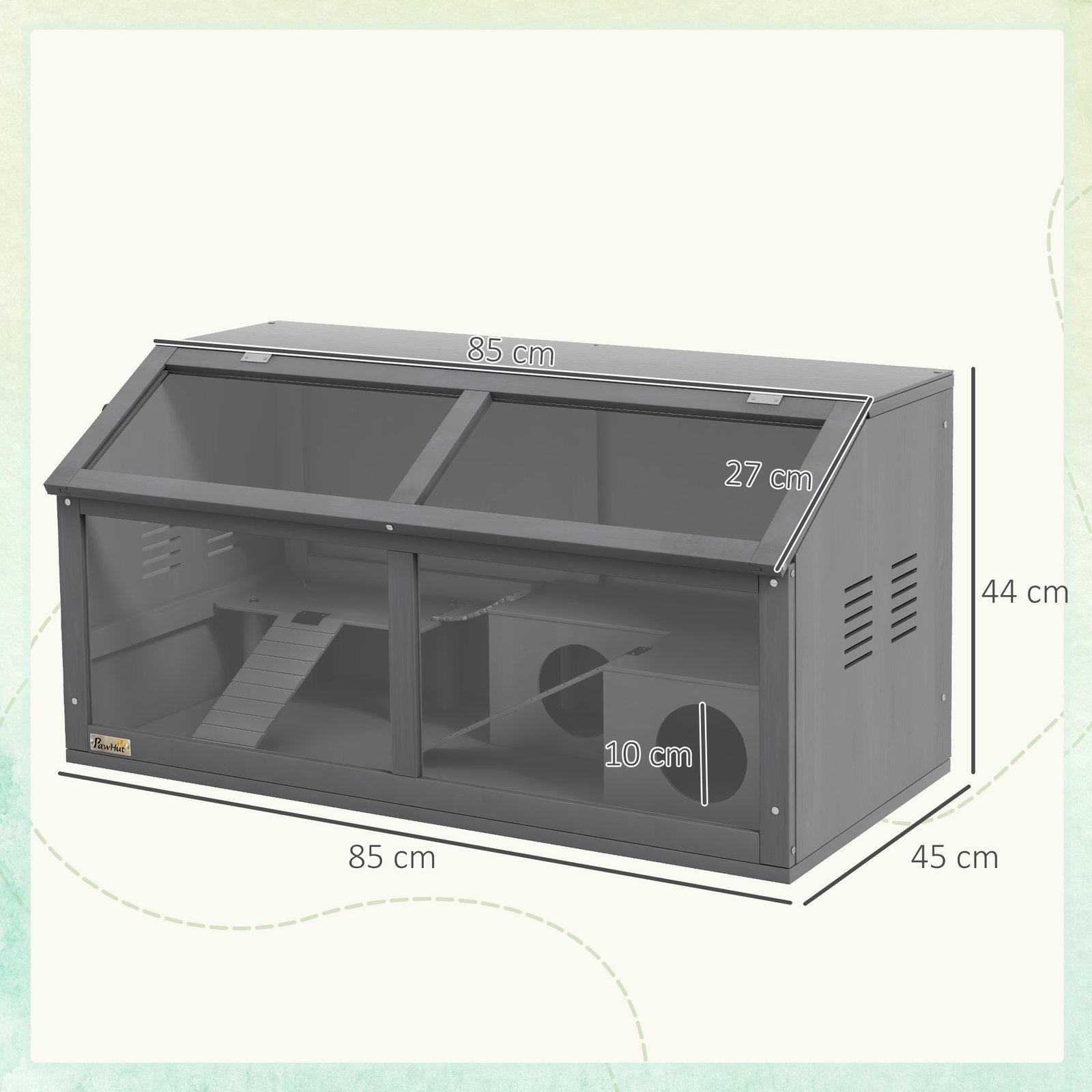 Hamster Cage, Wooden Small Animal Cage for Gerbils, Mice w/ Suspension Bridge, Openable Top, Hut, 85 x 45 x 44cm - Grey