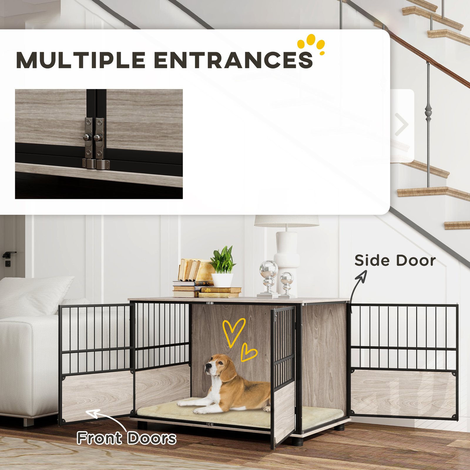 100cm Furniture Style Dog Crate Dog Cage End Table Indoor with 3 Doors Soft Washable Cushion, for Large Sized Dogs