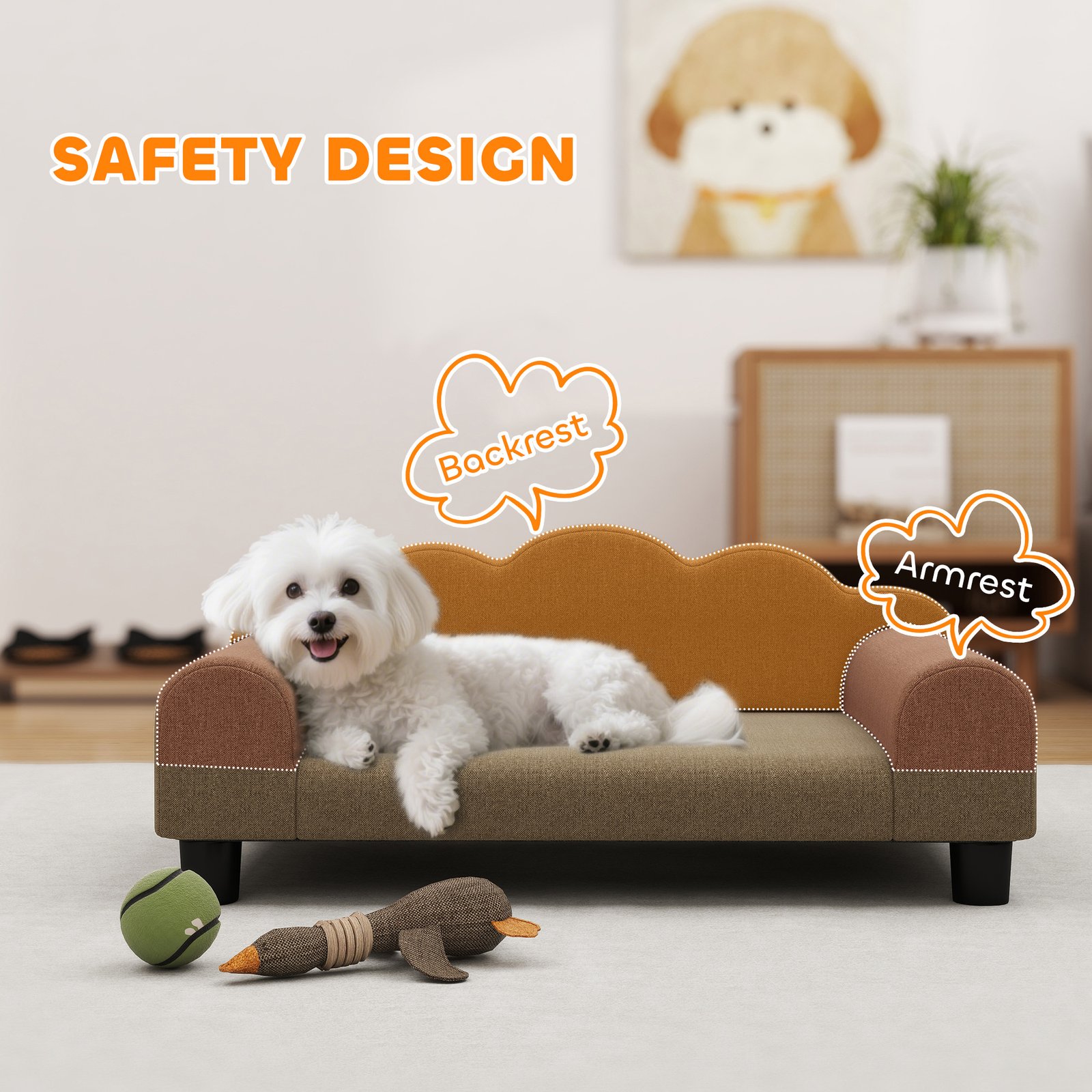 Elevated Dog Sofa Bed, Breathable Pet Sofa with Backrest and Armrest for Small Dogs, Brown - Image 5