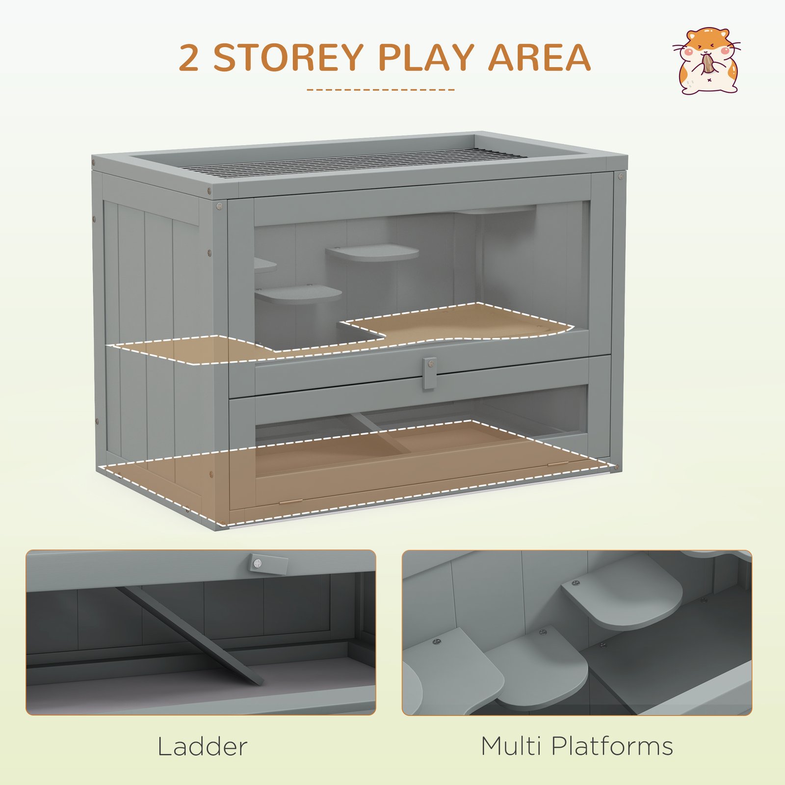 Wooden Hamster Cage Mouse Mice Rodent Small Animals Hutch Exercise Play House 60 x 35 x 42cm, Grey