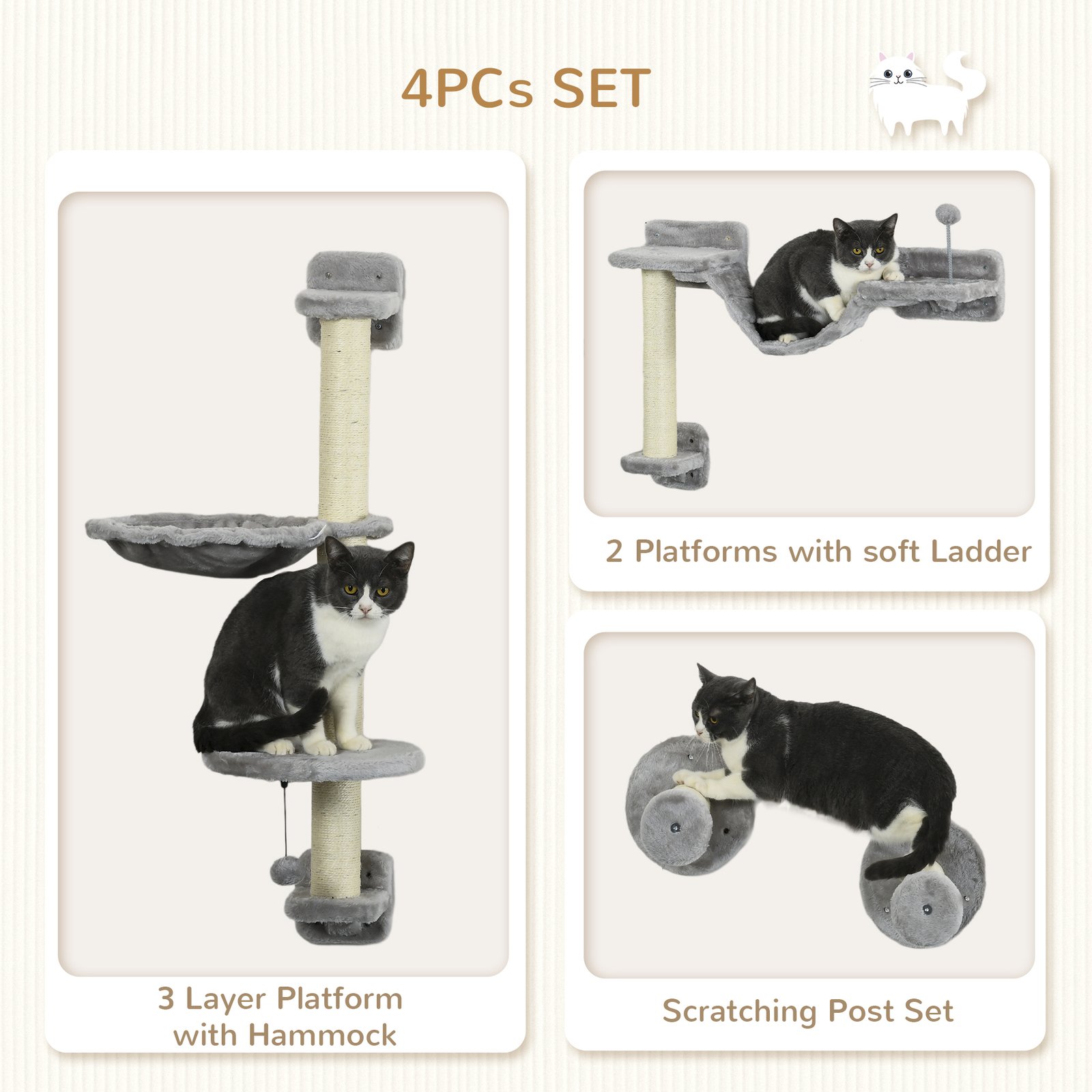 Four-Piece Cat Wall Furniture with Hammock, Perches, Ladder, Scratching Post, Grey - Image 5