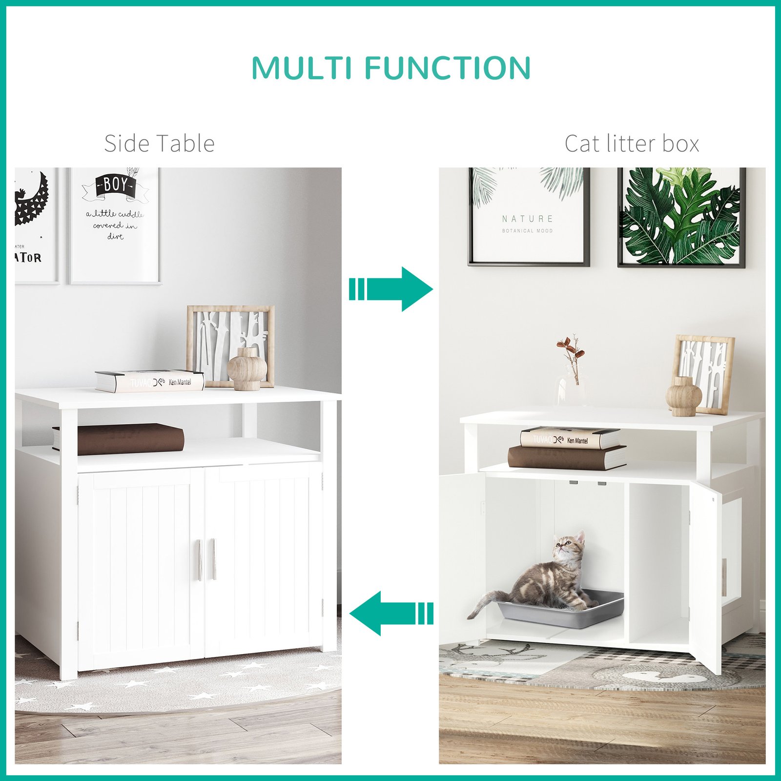 Wooden Cat Litter Box Enclosure Furniture with Adjustable Interior Wall & Large Tabletop for Nightstand, White - Image 6