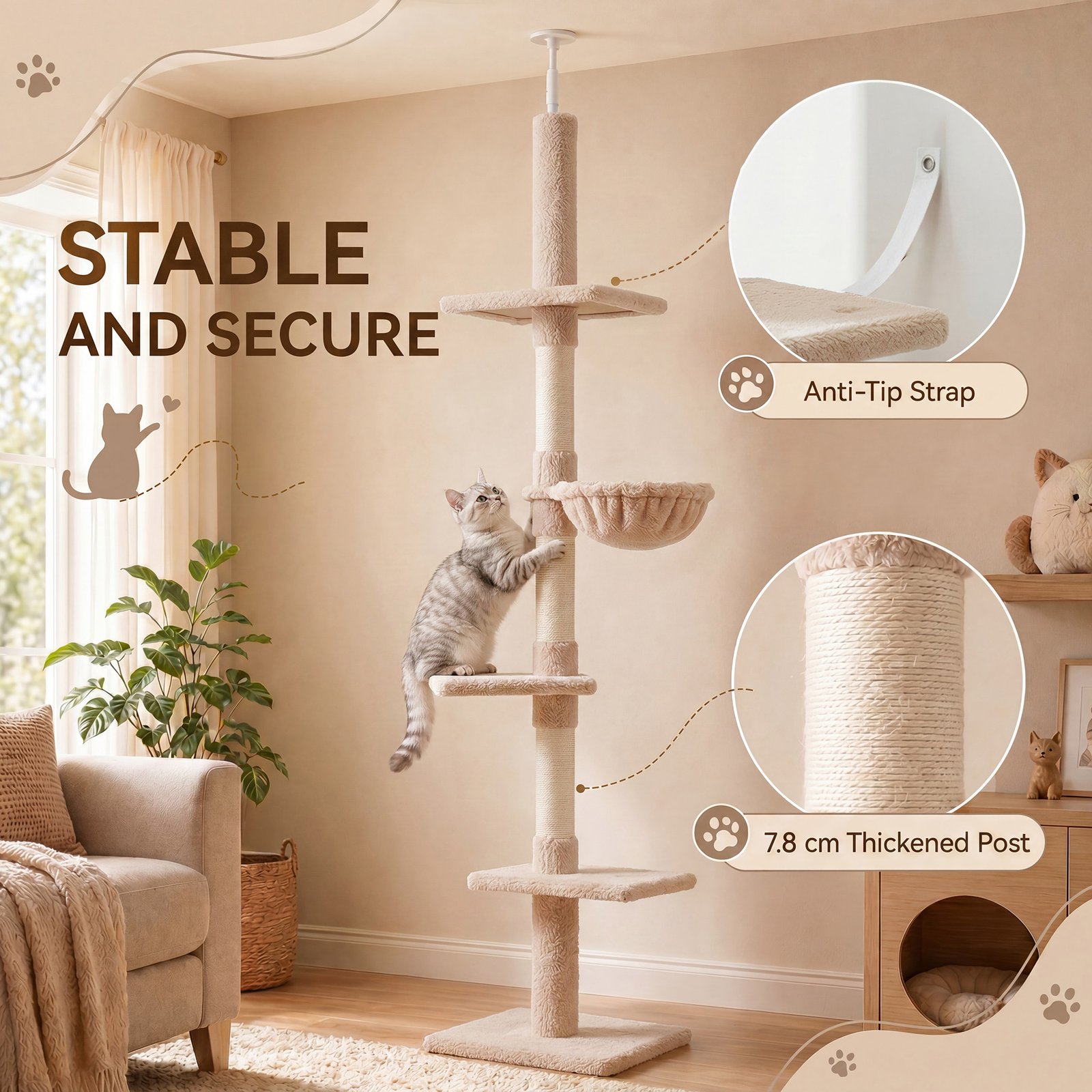 Floor to Ceiling Cat Tree 230-260cm Height Adjustable, 5-Tier Cat Tower with Scratching Posts, Hammock, Perches, Climbing Activity Centre for Indoor Kittens Playing and Relaxing, Beige - Image 7