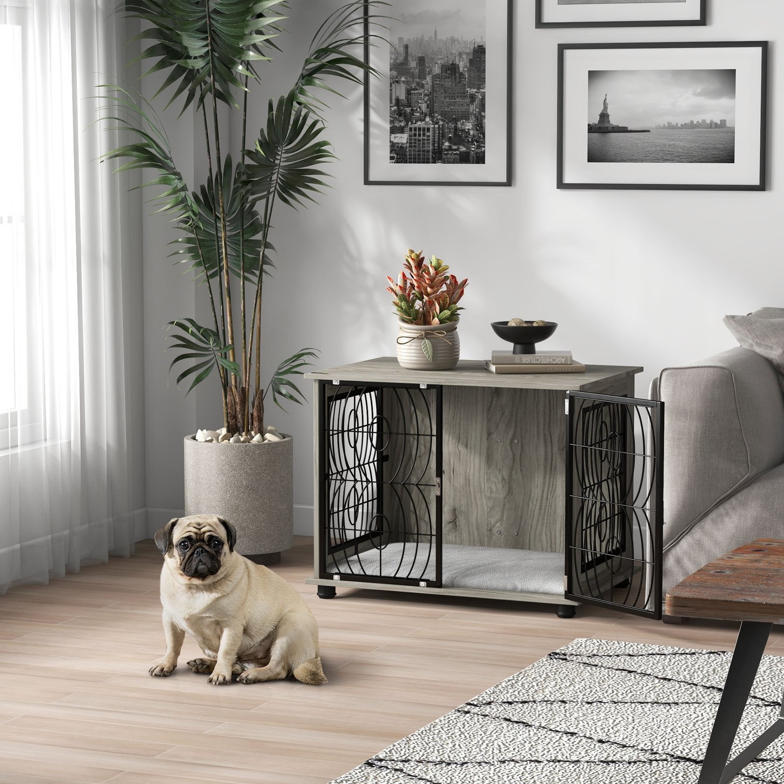 Indoor Dog Crate Furniture End Table w/ Plush Washable Cushion, Lockable Door, for Medium Dogs