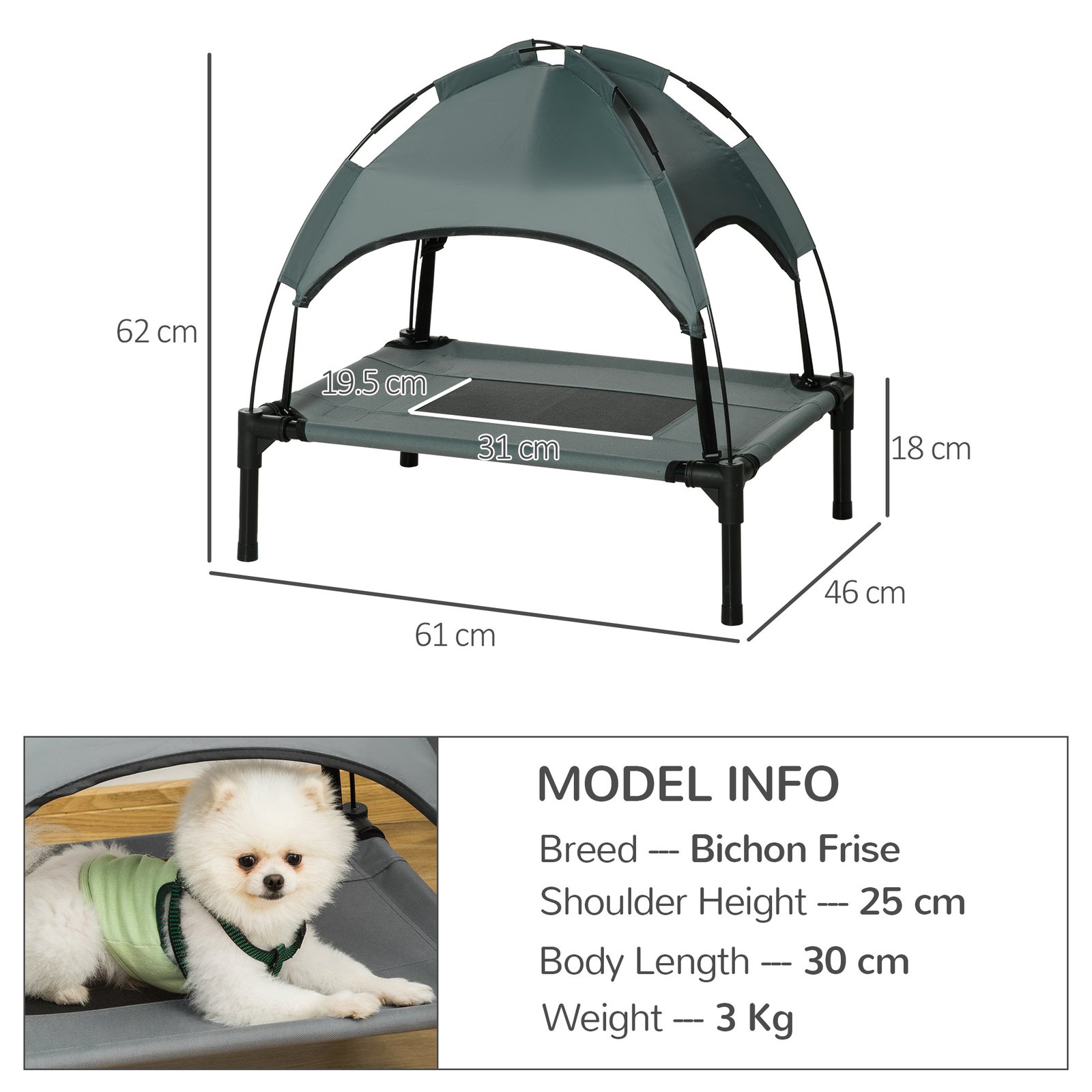 Outdoor Dog Bed with Removable Canopy, Portable Raised Dog Bed for Camping, Garden & Beach, Water-Resistant UV-Protection Mesh Pet Cot Sun Lounger, for Small Pets, 61 x 46 x 62 cm, Grey
