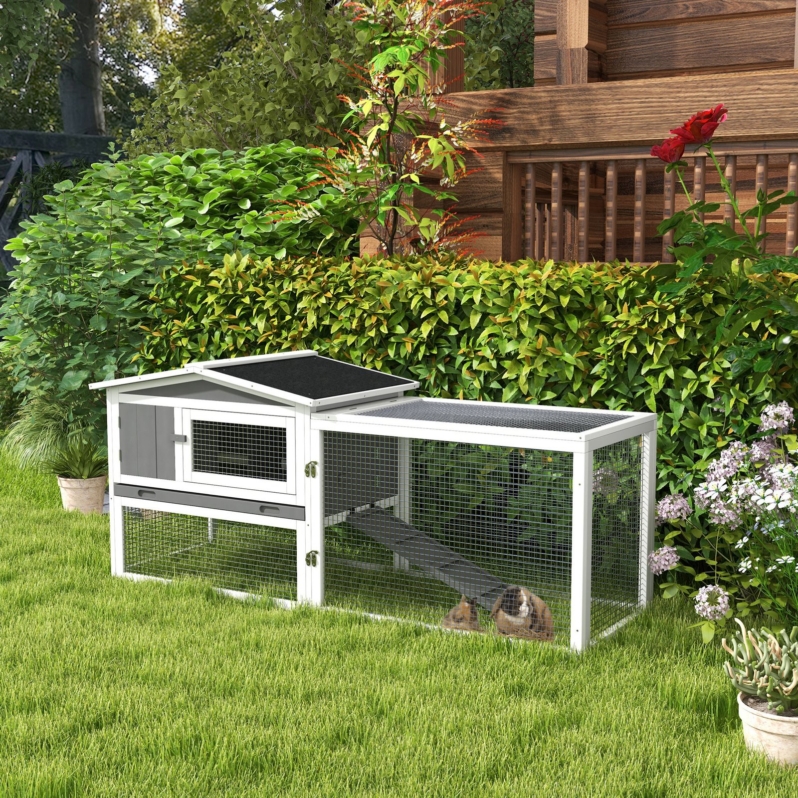 Rabbit Hutch with Run Wooden Guinea Pig Hutch Outdoor Bunny Cage Hide House with Sliding Tray, Hay Rack, Ramp, 156 x 58 x 68cm, Grey
