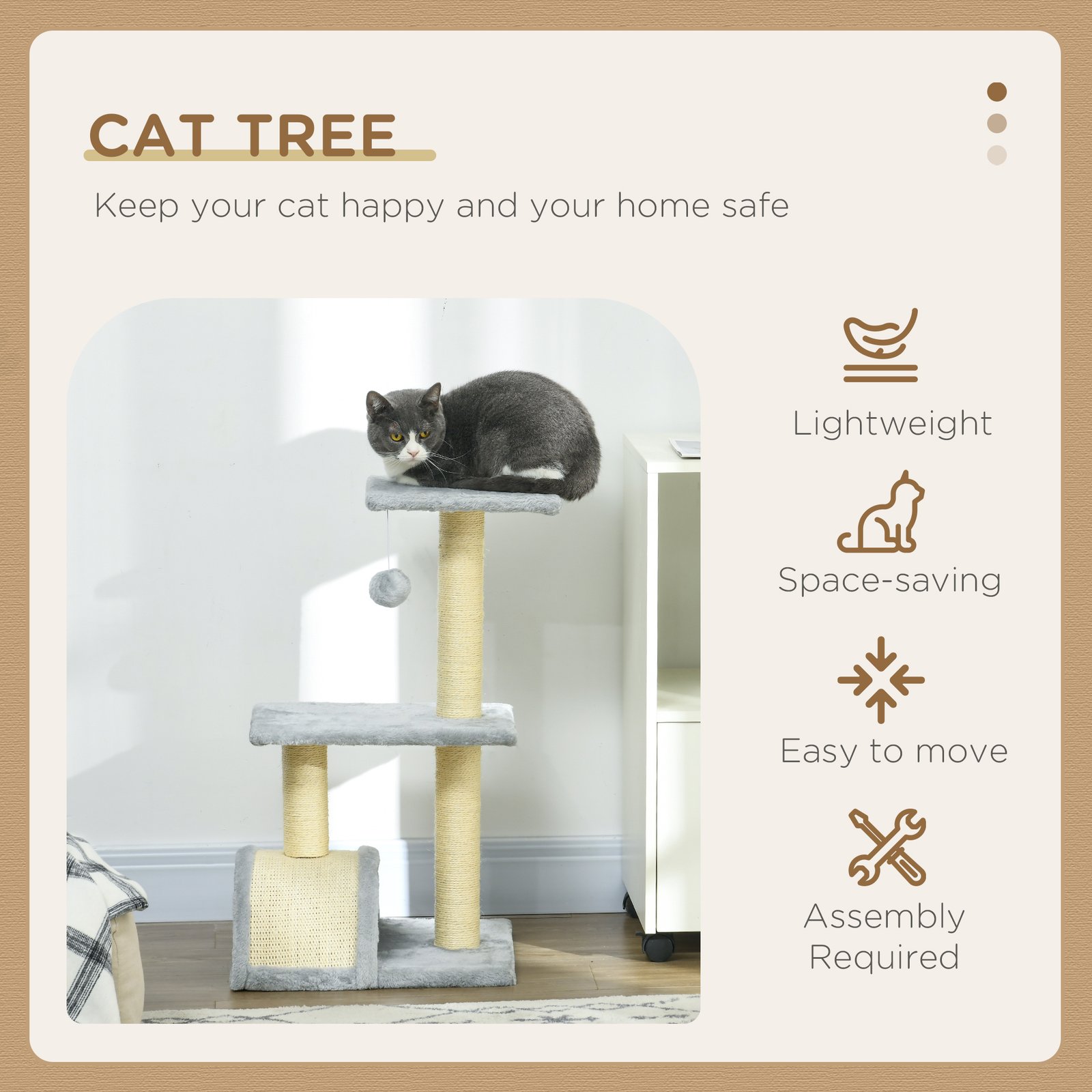 72cm Cat Tree with Scratching Post, Pad for Indoor Cats - Light Grey