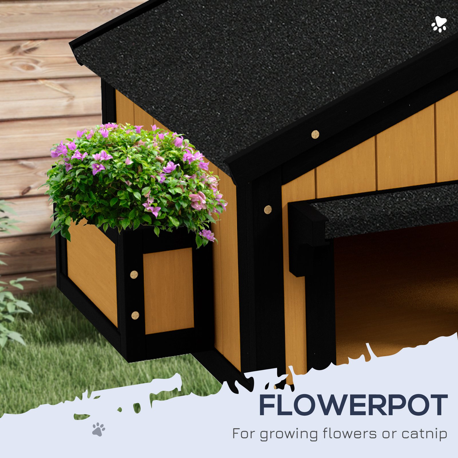 Wooden Cat House with Flower Pot, Windows, Multiple Entrances, Water-Resistant Roof for Outdoor - Yellow - Image 5
