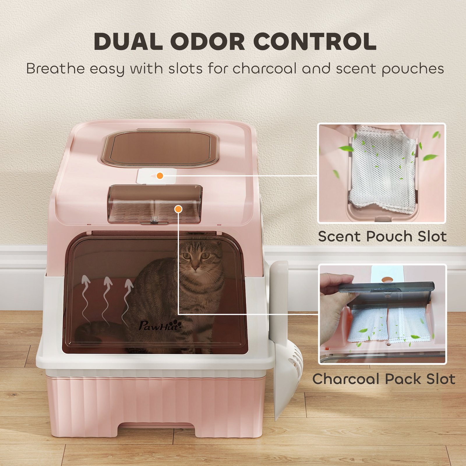 Enclosed Cat Litter Box with Lid, Pull-Out Drawer Tray, Scoop, 4 Deodorisation Bags, Front Entry & Top Exit, Pink