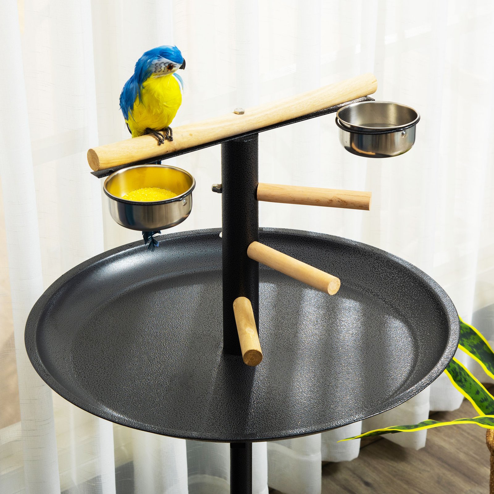 Parrot Perch Stand, Large Bird Play Stand, Metal Bird Table Feeder Station with Stainless Steel Bowls, Four Wheels, Round Tray, Black