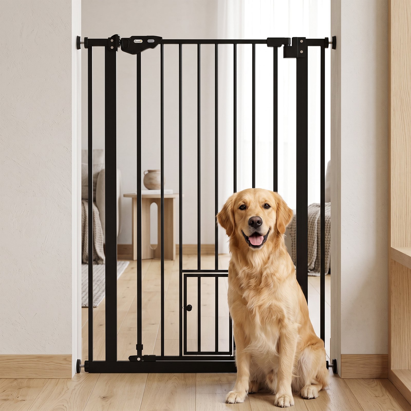Extra Tall Pet Gate, Indoor Dog Safety Gate, with Cat Flap, Auto Close, 74-80cm Wide - Black