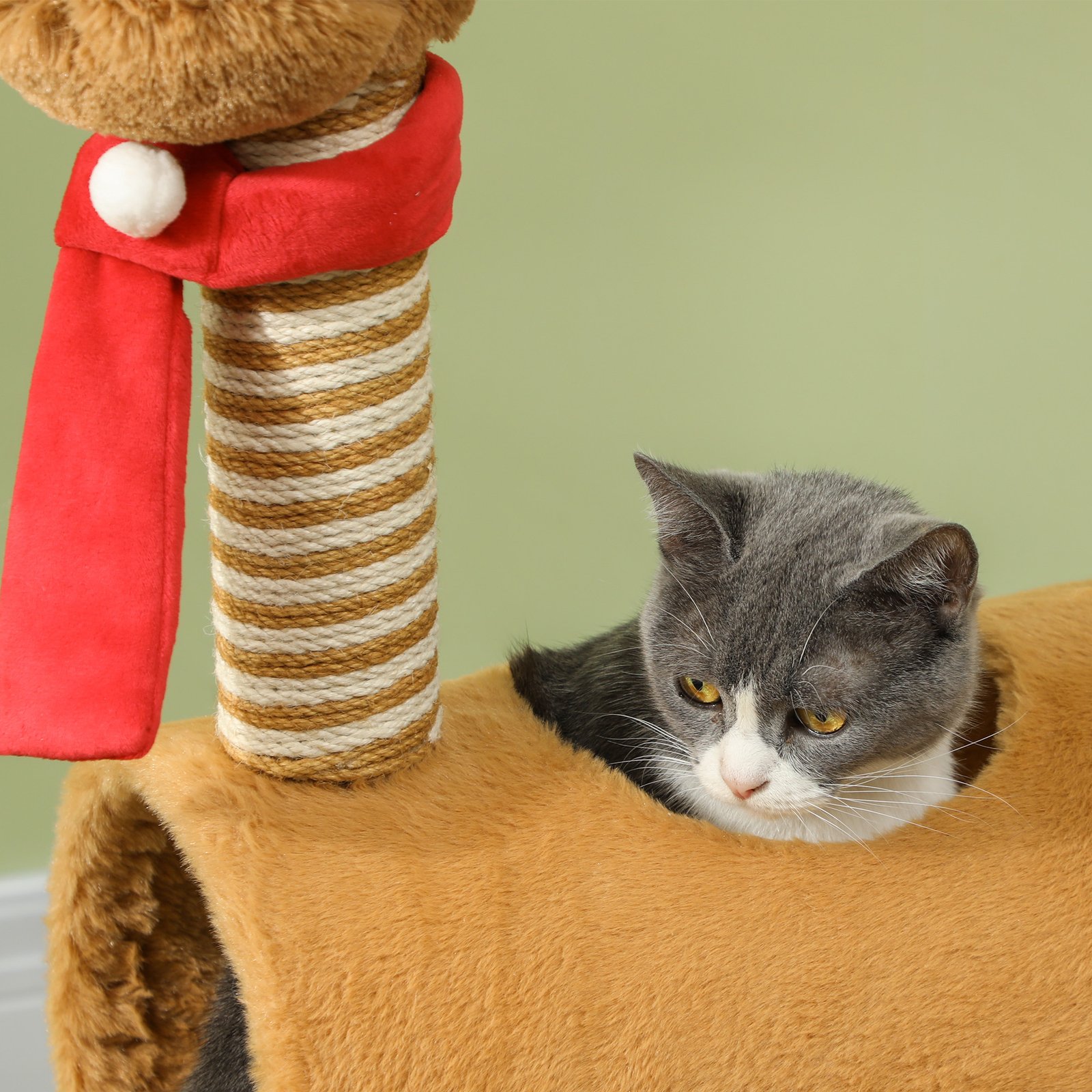 98cm Deer-Designed Cat Tree with Scratching Posts, Toy Ball, Tunnel, Brown - Image 8