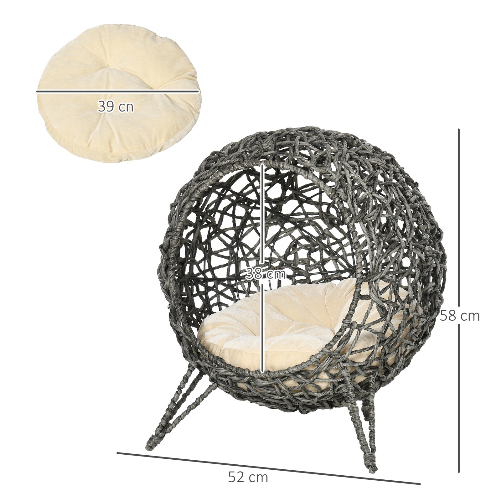 Rattan Elevated Cat Bed House Kitten Basket Ball Shaped Pet Furniture w/ Removable Cushion - Silver-Tone and Grey - Image 3