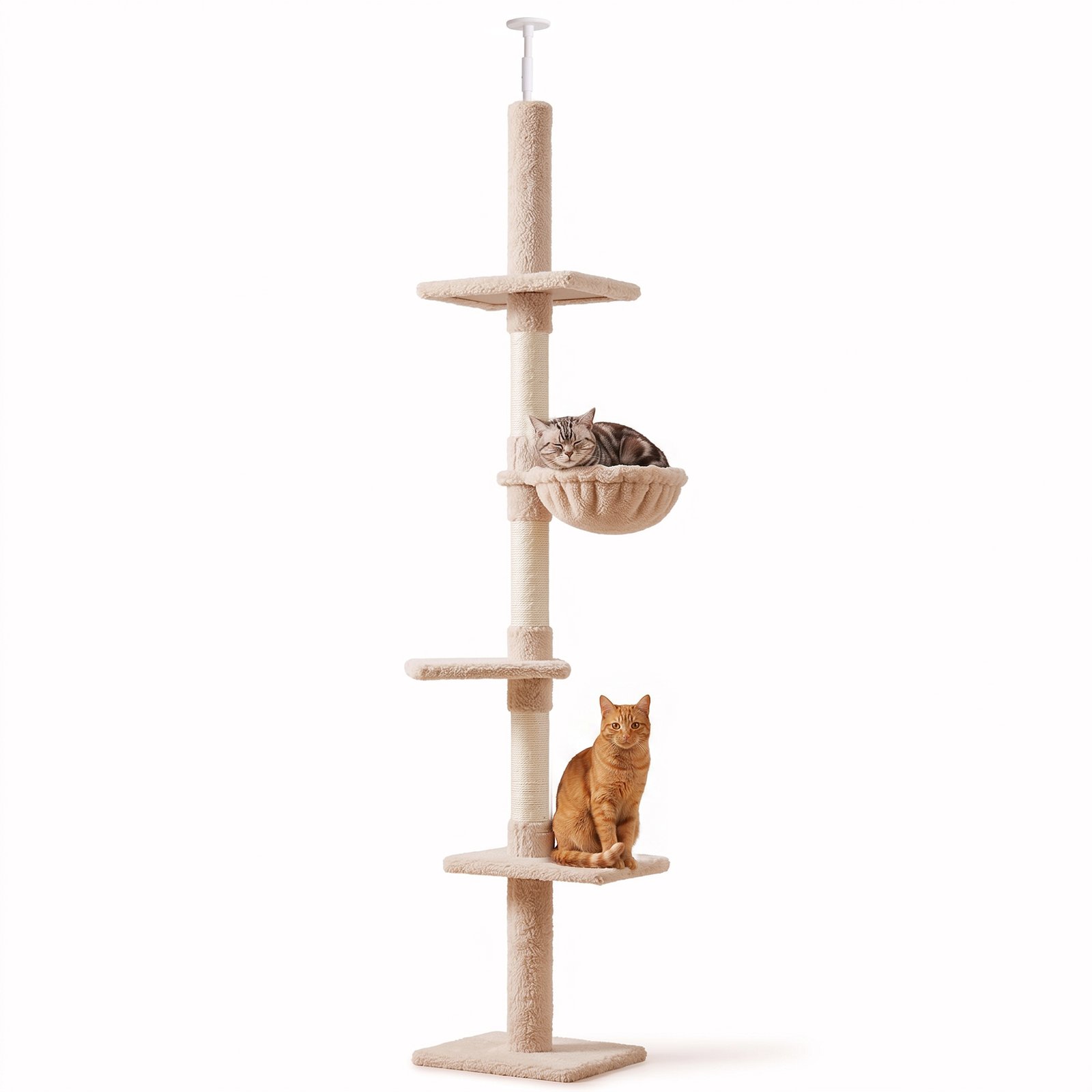 Floor to Ceiling Cat Tree 230-260cm Height Adjustable, 5-Tier Cat Tower with Scratching Posts, Hammock, Perches, Climbing Activity Centre for Indoor Kittens Playing and Relaxing, Beige