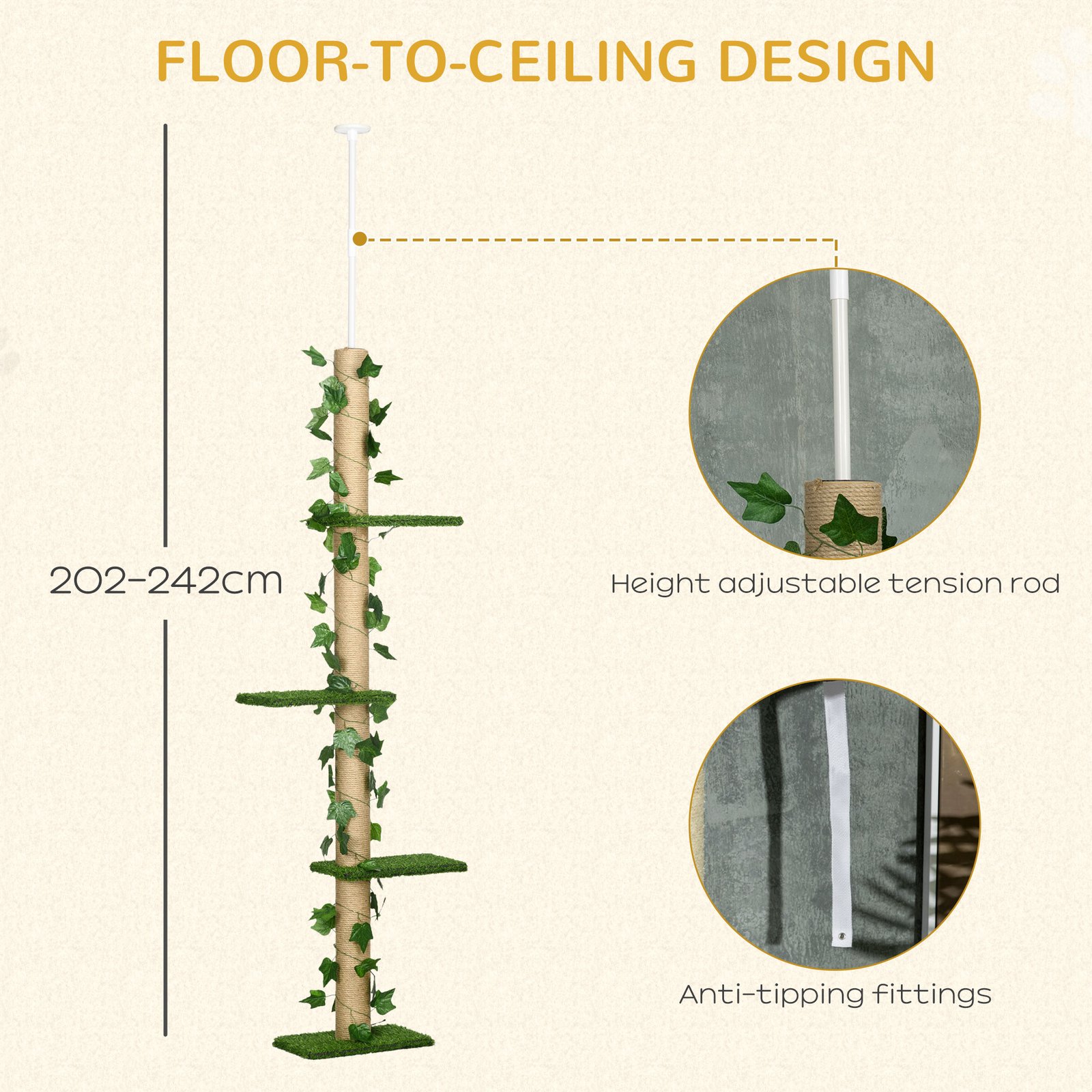 242cm Adjustable Floor-To-Ceiling Cat Tree, with Artificial Decoration, Perches, Anti-Slip Kit - Green - Image 5