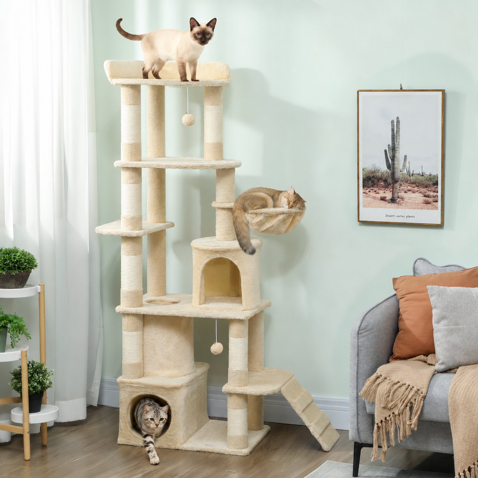 170 cm Large Cat Tree, Cat Tower with 7 Scratching Posts, Tunnel, 2 Condos, Hammock, Perch, Ramp, Pompoms, Beige