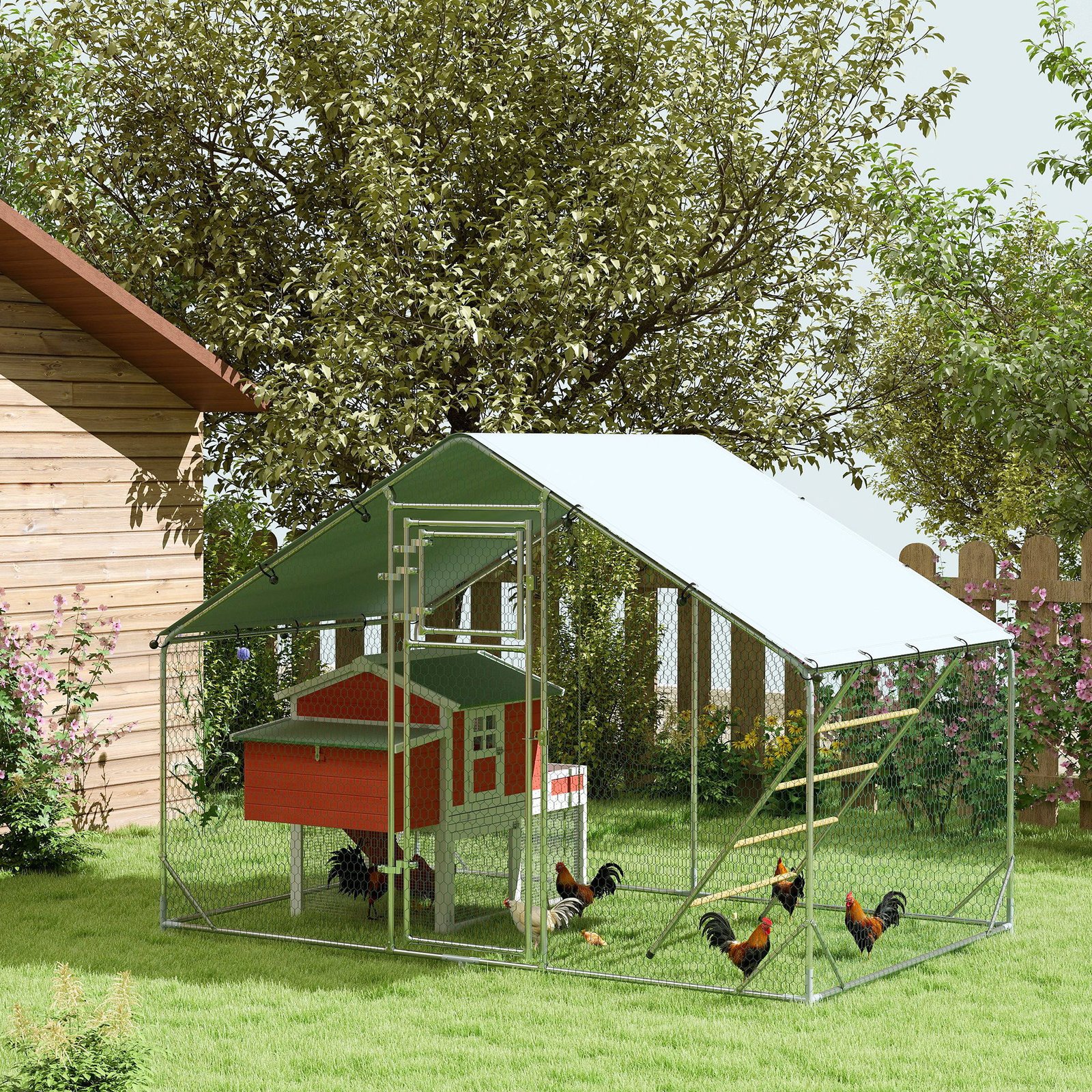 Walk-in Chicken Run with Cover, Feeding Door, Hanging Feeder, Perch, for 6-8 Poultry - Image 9