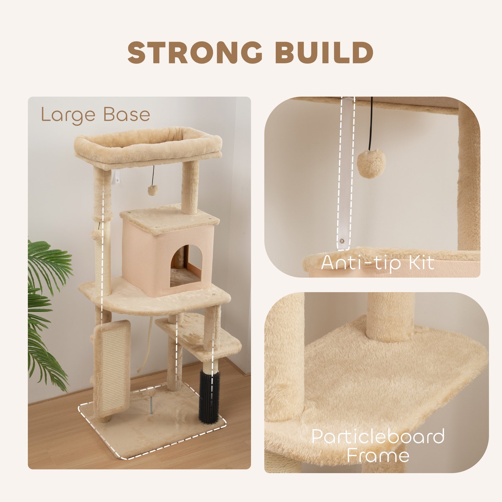 132cm Cat Tree w/ Scratching Posts, Pad, Cat Bed, Cat House, Jumping Platform, Grooming Brush, Anti-Tip Kit, Beige