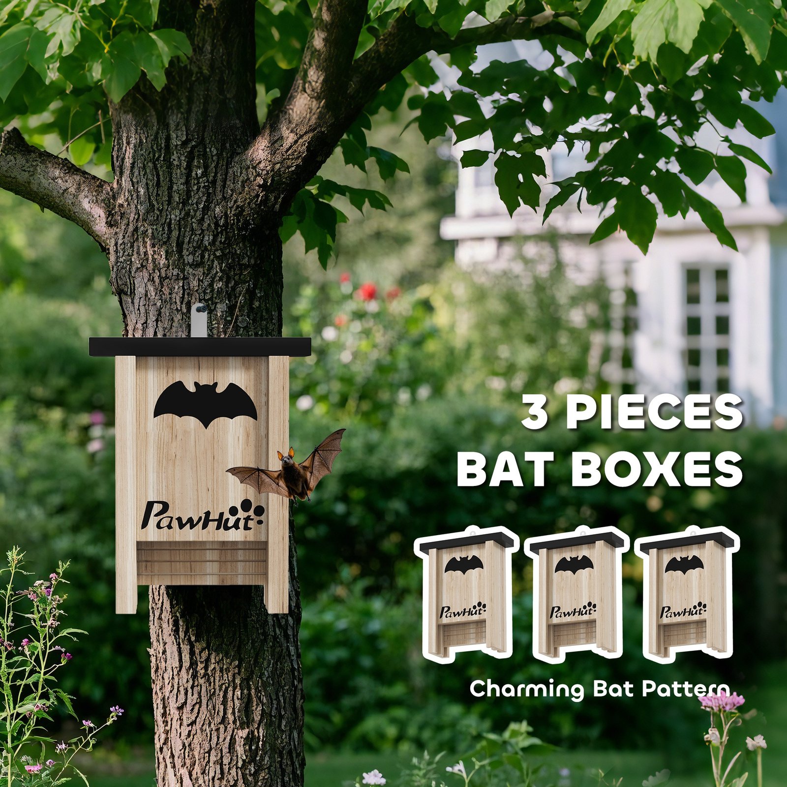 3PCs Wooden Bat Boxes, Bat Houses Designed to Attract Bats & Easy to Hang for Outdoor, Garden, Farm, 18 x 6 x 22.5 cm - Image 4