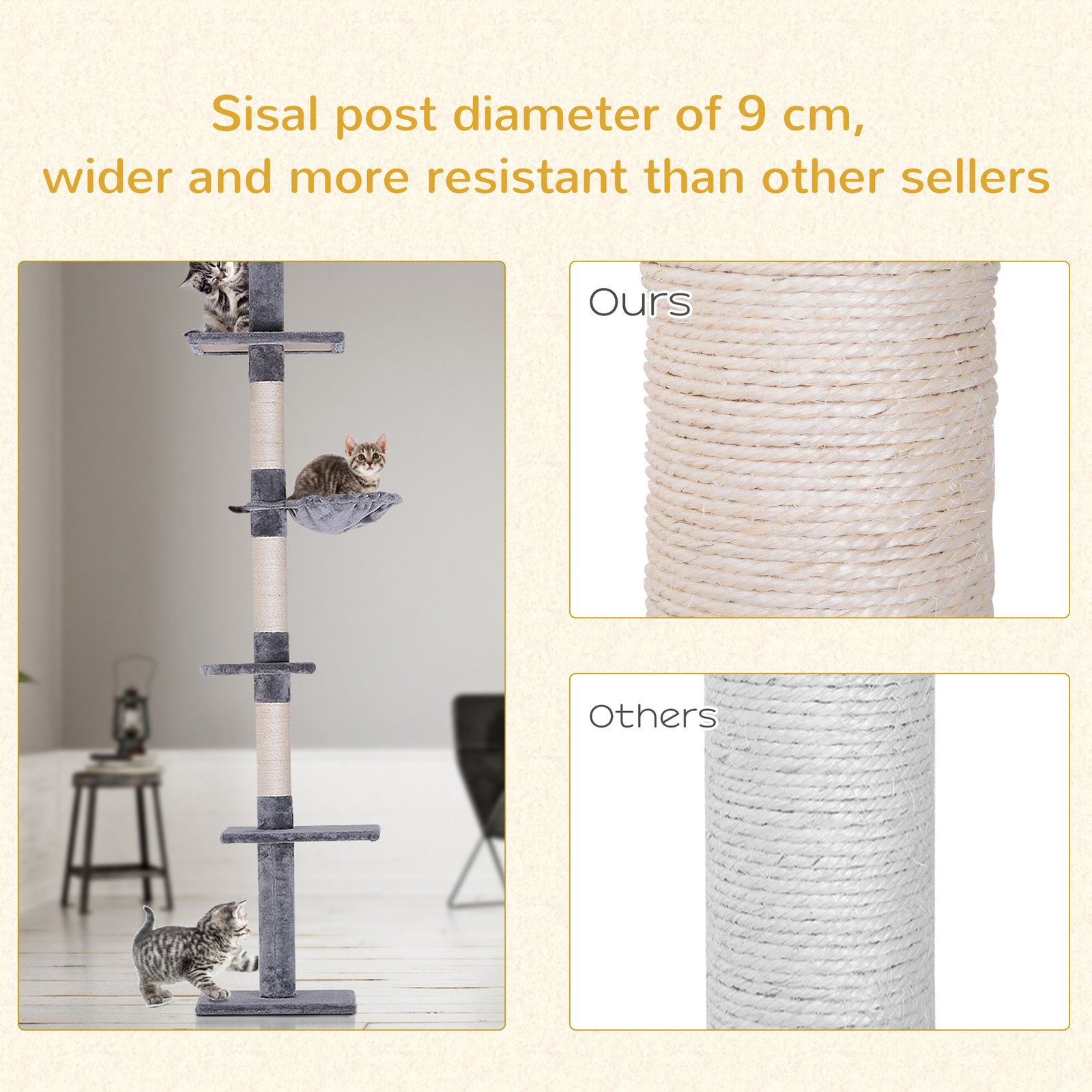 Floor to Ceiling Cat Tree 230-260cm Height Adjustable, 5-Tier Cat Tower with Scratching Posts, Hammock, Perches, Climbing Activity Centre for Indoor Kittens Playing and Relaxing, Grey