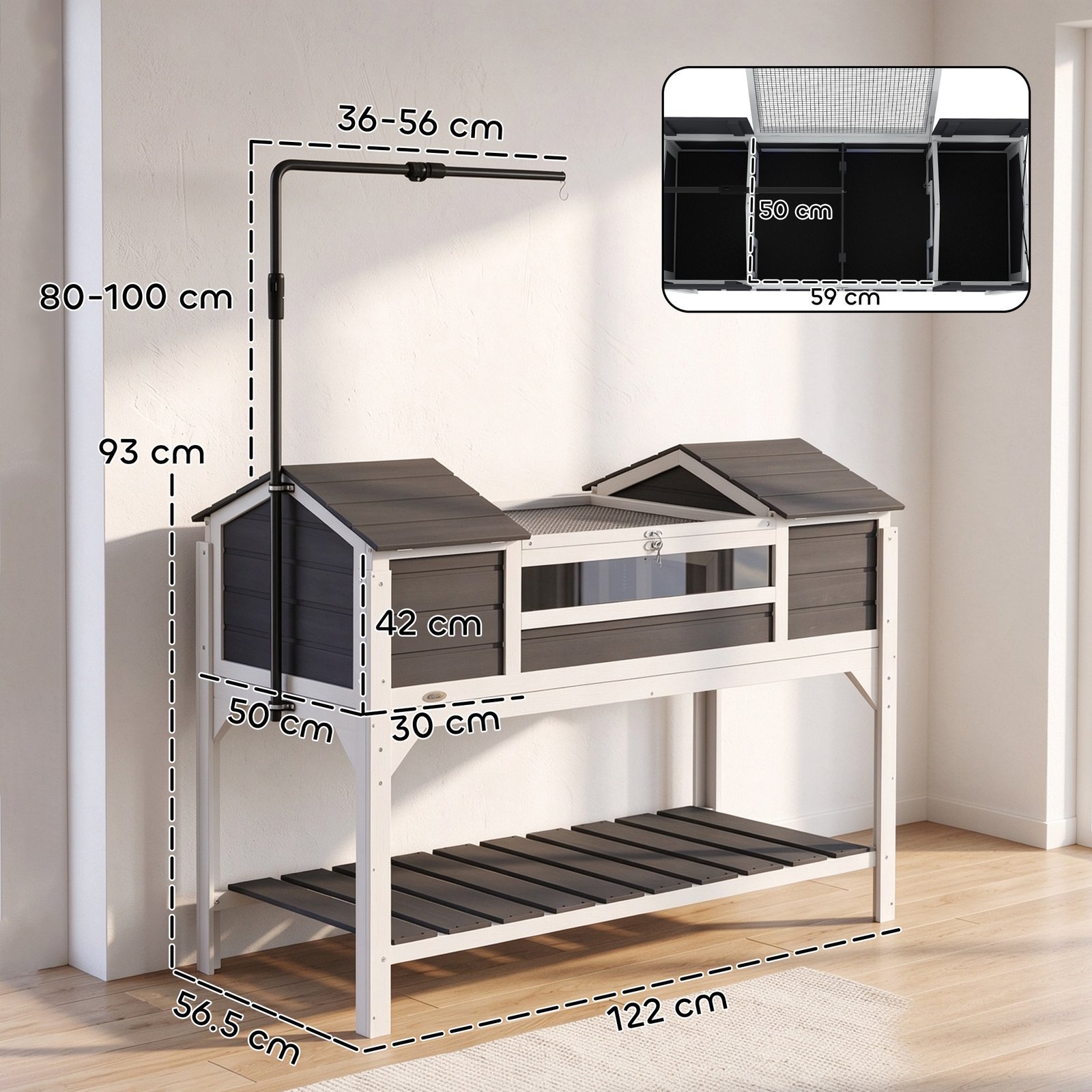 Wooden Tortoise Enclosure w/ Adjustable Lamp Holder, Openable Lid, Dual Main Houses, Storage Shelf, Fixed Tray - Grey