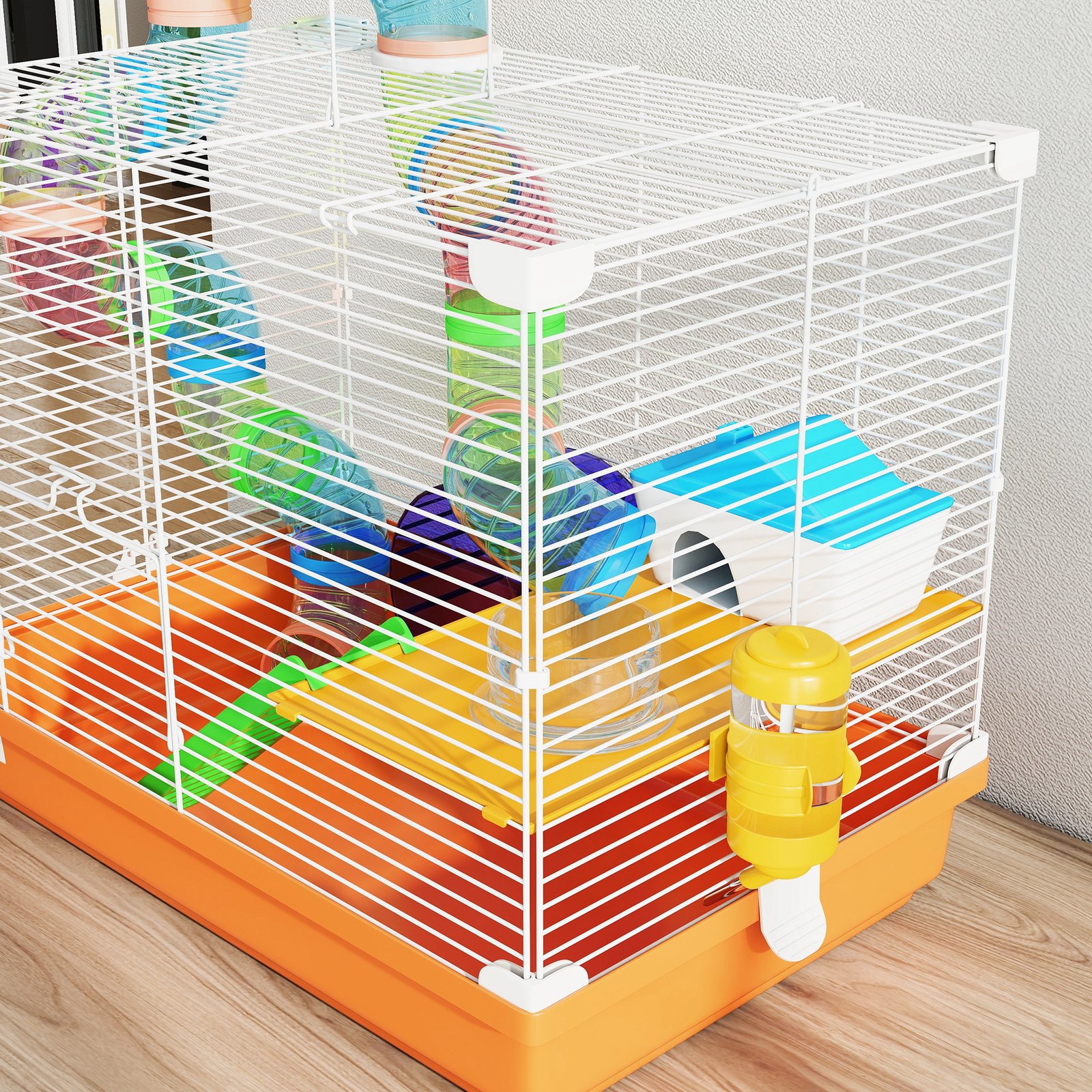 2 Tier Hamster Cage, Gerbil Cage with Handle, Exercise Wheels, Tunnel, Water Bottle, Dishes, Ladder, for Dwarf