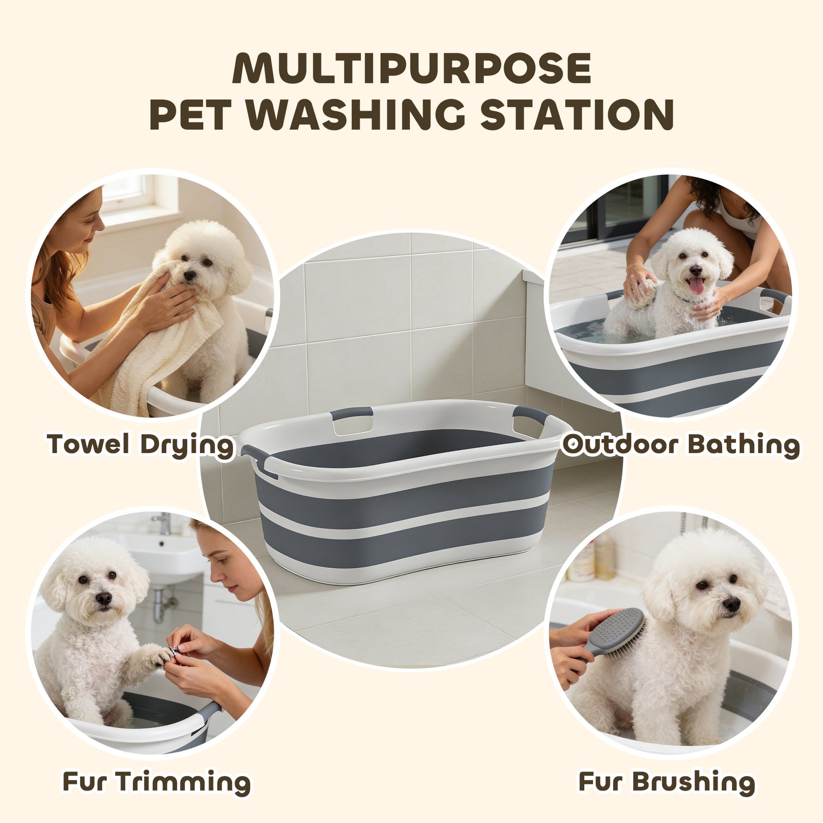 Dog Bath Tub, Portable Foldable Dog Bathtub with Drainage Hole, for Small Dogs Puppies Grey