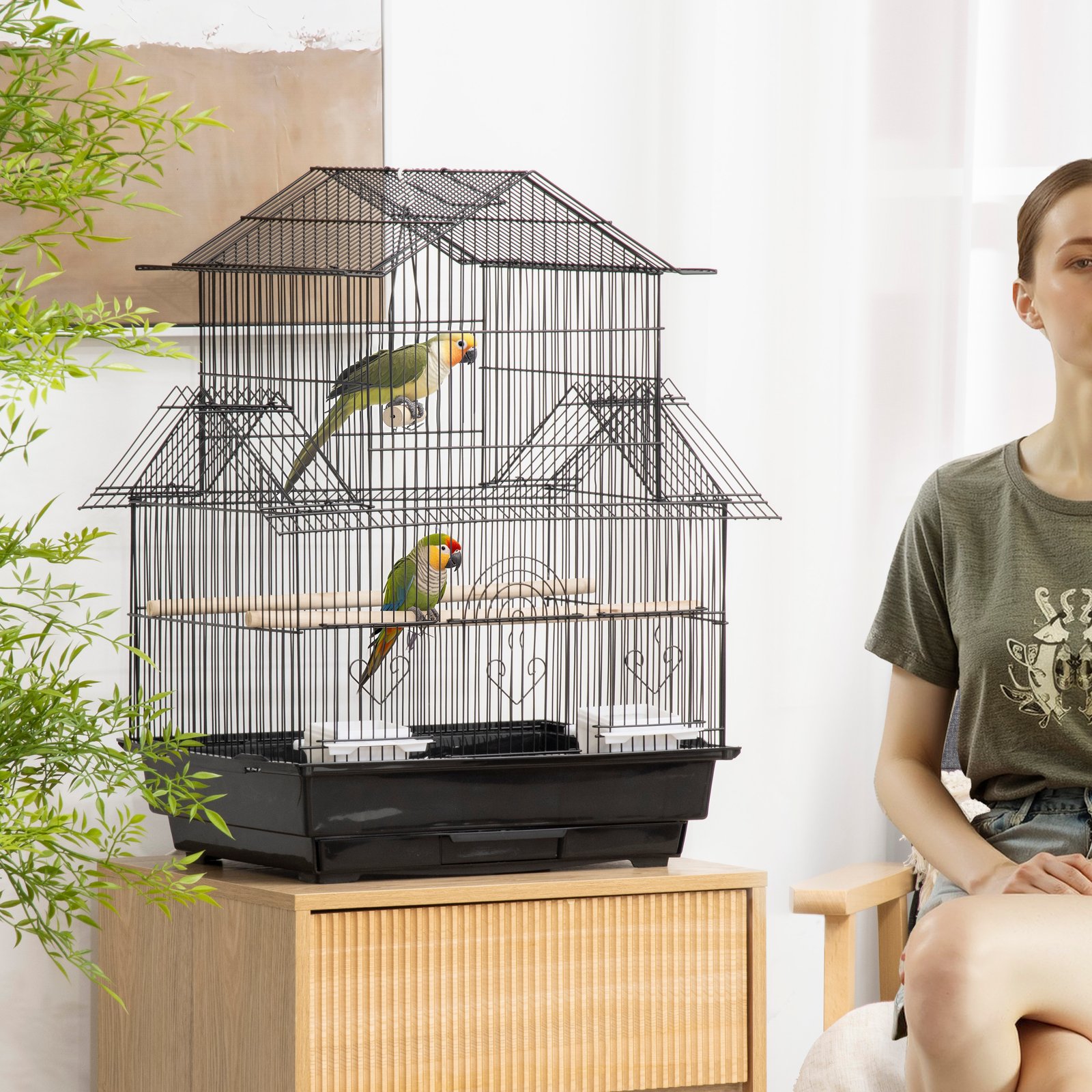 Metal Bird Cage with Plastic Swing Perch Food Container Tray Handle for Finch Canary Budgie 43.5 x 33 x 63 cm, Black - Image 9