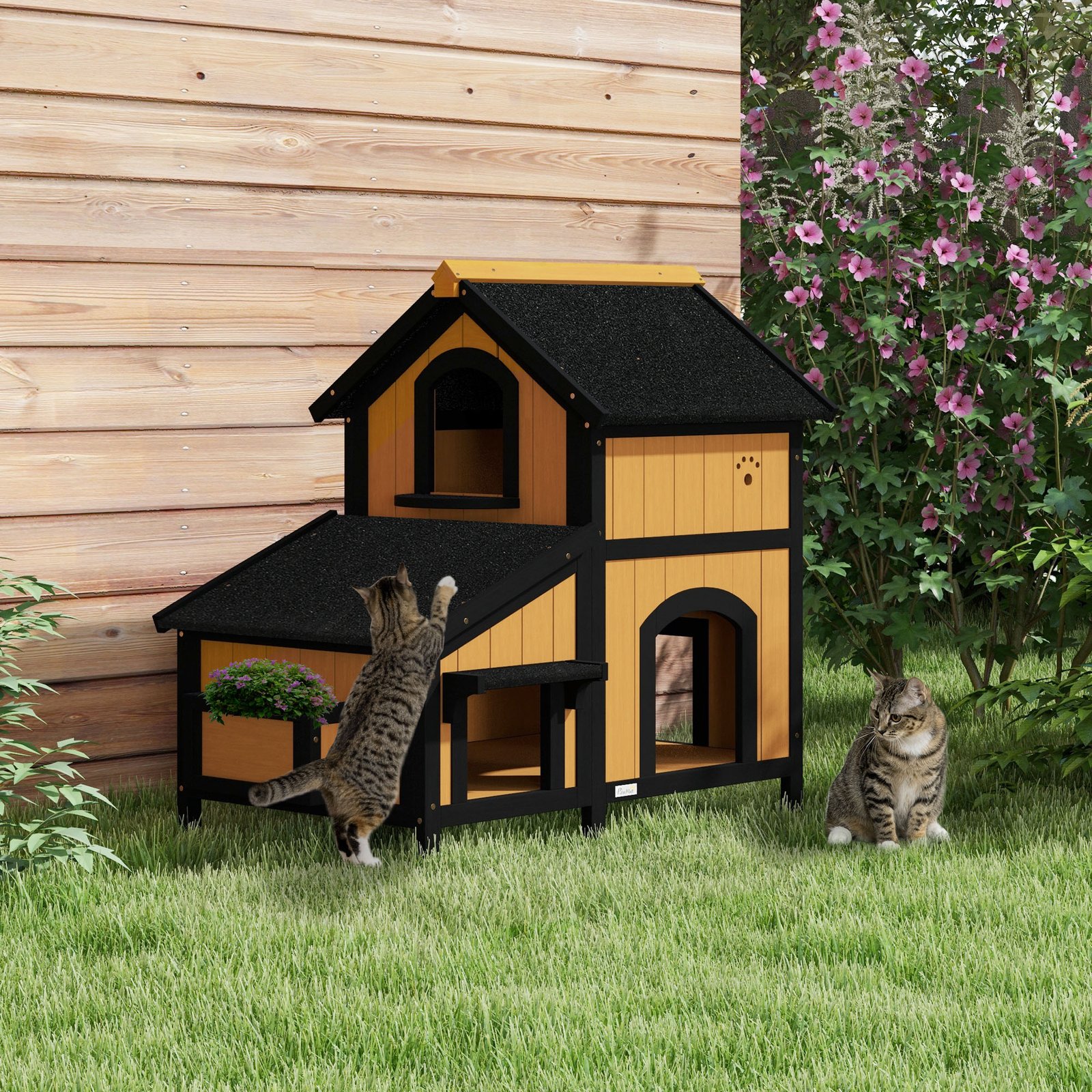 Wooden Cat House with Flower Pot, Windows, Multiple Entrances, Water-Resistant Roof for Outdoor - Yellow - Image 9