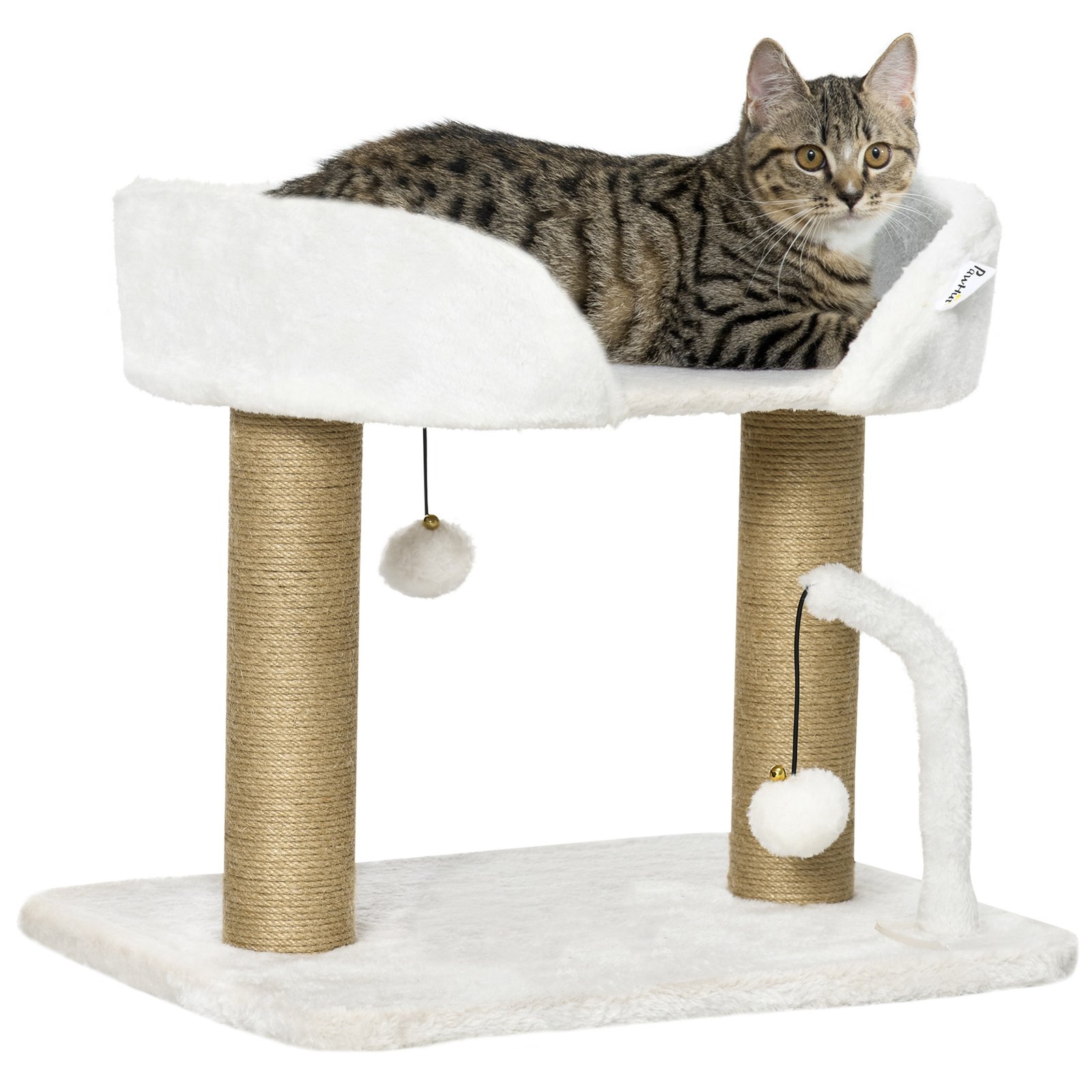 42cm Indoor Cat Tree, with Toy Balls, Jute Scratching Post - White