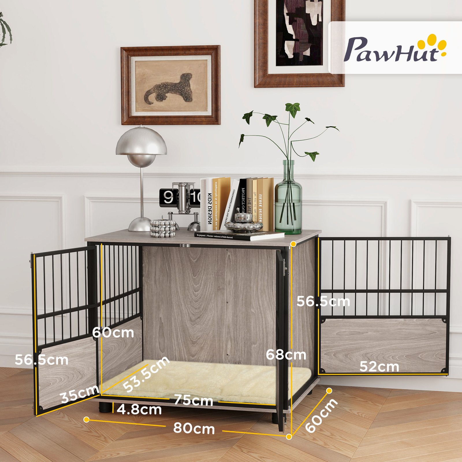 80cm Furniture Style Dog Crate Dog Cage End Table Indoor with 3 Doors Soft Washable Cushion, for Medium Sized Dogs