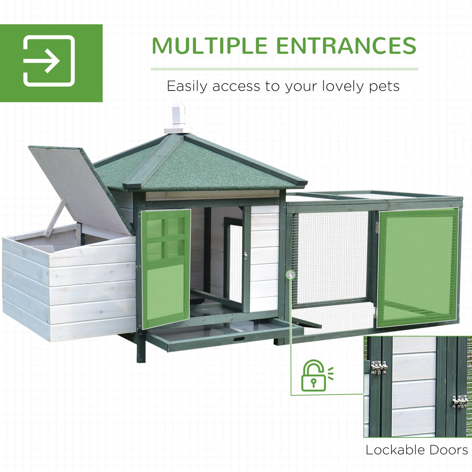 Chicken Coop, Small Animal Pet cage w/ Nesting Box, Wooden Outdoor Run, Green