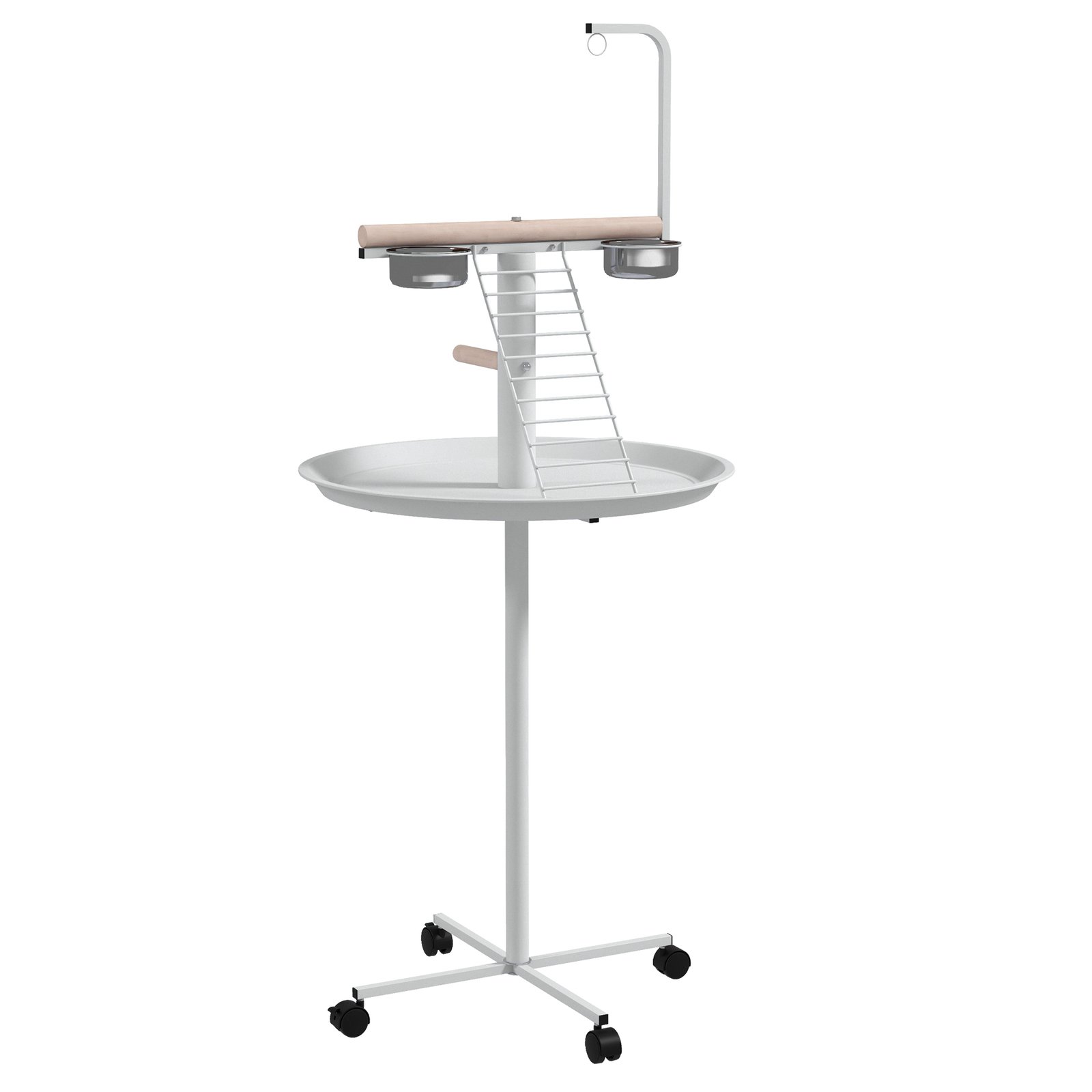Bird Stand with Four Wheels, Perches, Stainless Steel Feed Bowls, Round Tray, for Garden, Indoor, Outdoor - White