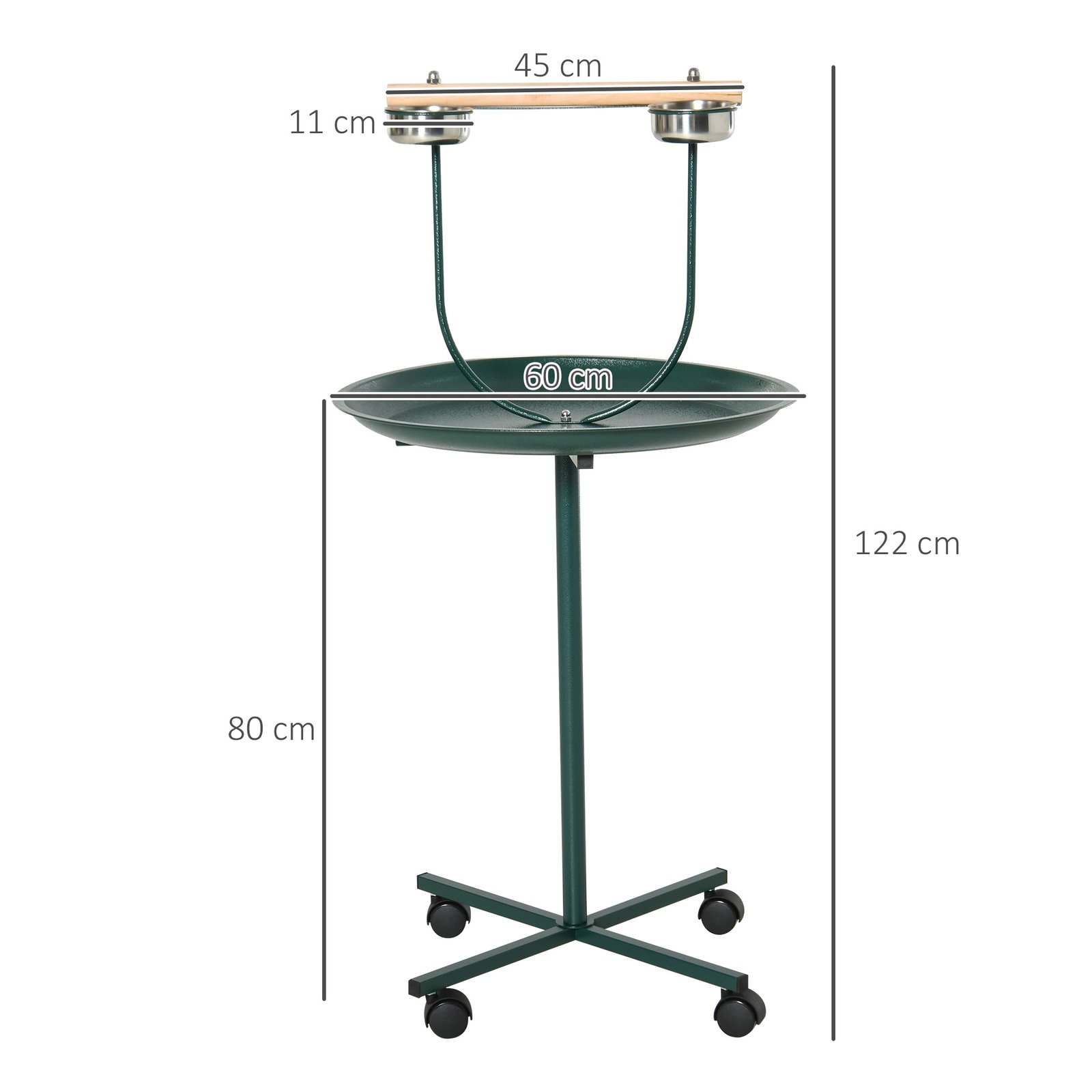 Bird Perch Stand with Four Wheels, Feeding Bowls, for Small, Medium Birds, Green
