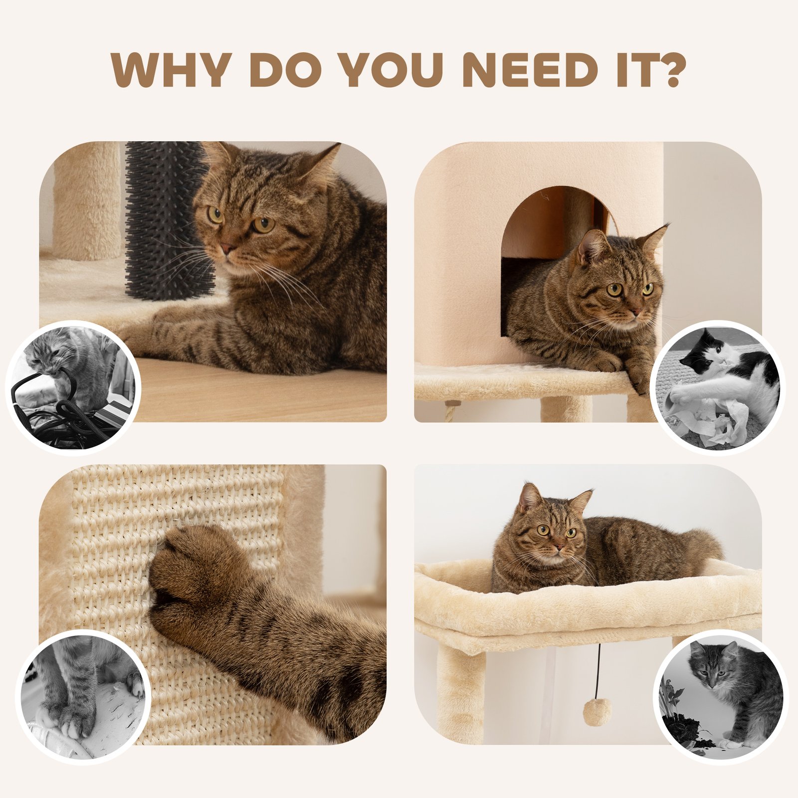 132cm Cat Tree w/ Scratching Posts, Pad, Cat Bed, Cat House, Jumping Platform, Grooming Brush, Anti-Tip Kit, Beige