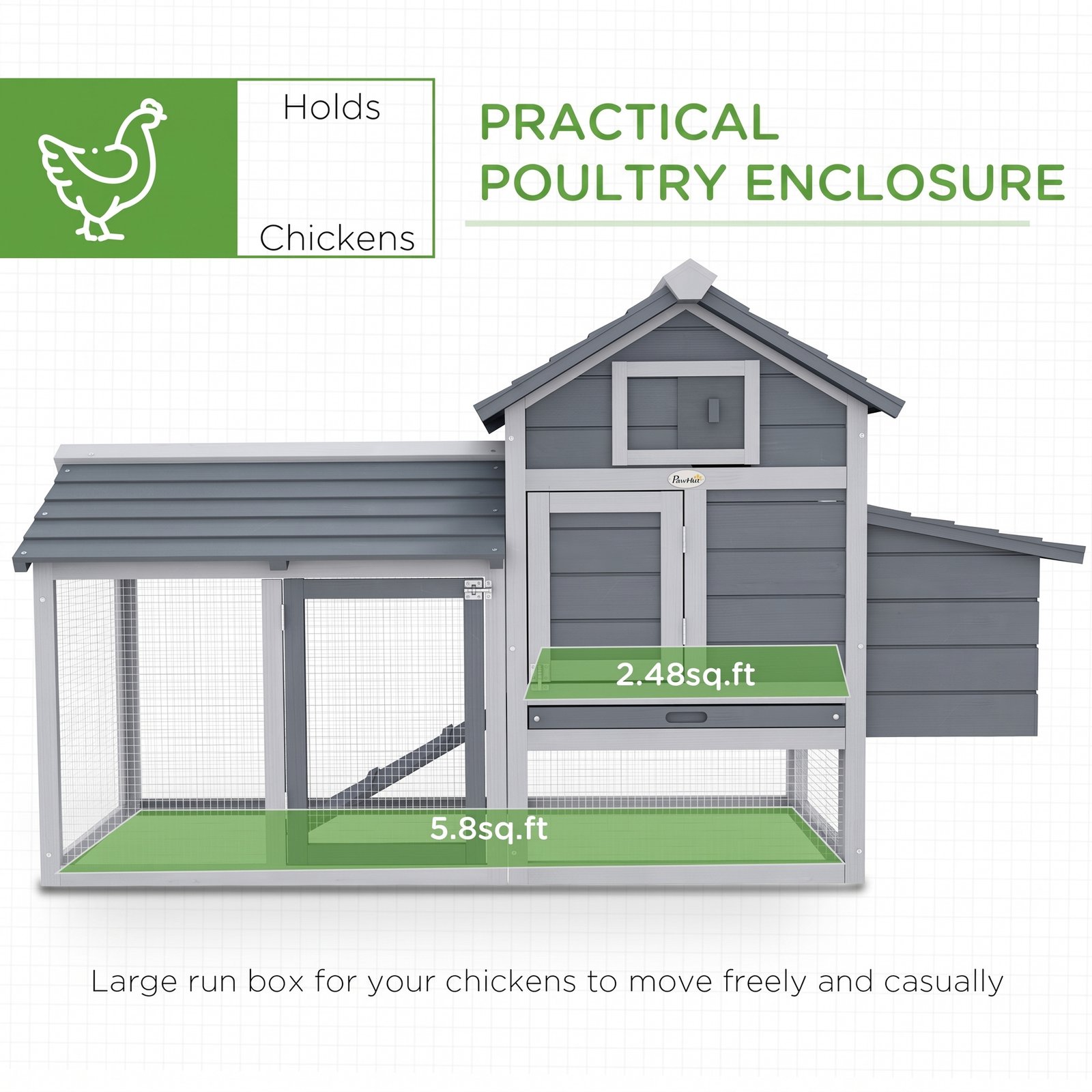 Small Chicken Coop with Nesting Box & Run, Hen House Poultry Coops Cages for 1-2 Chickens Grey 150.5 x 54 x 87cm
