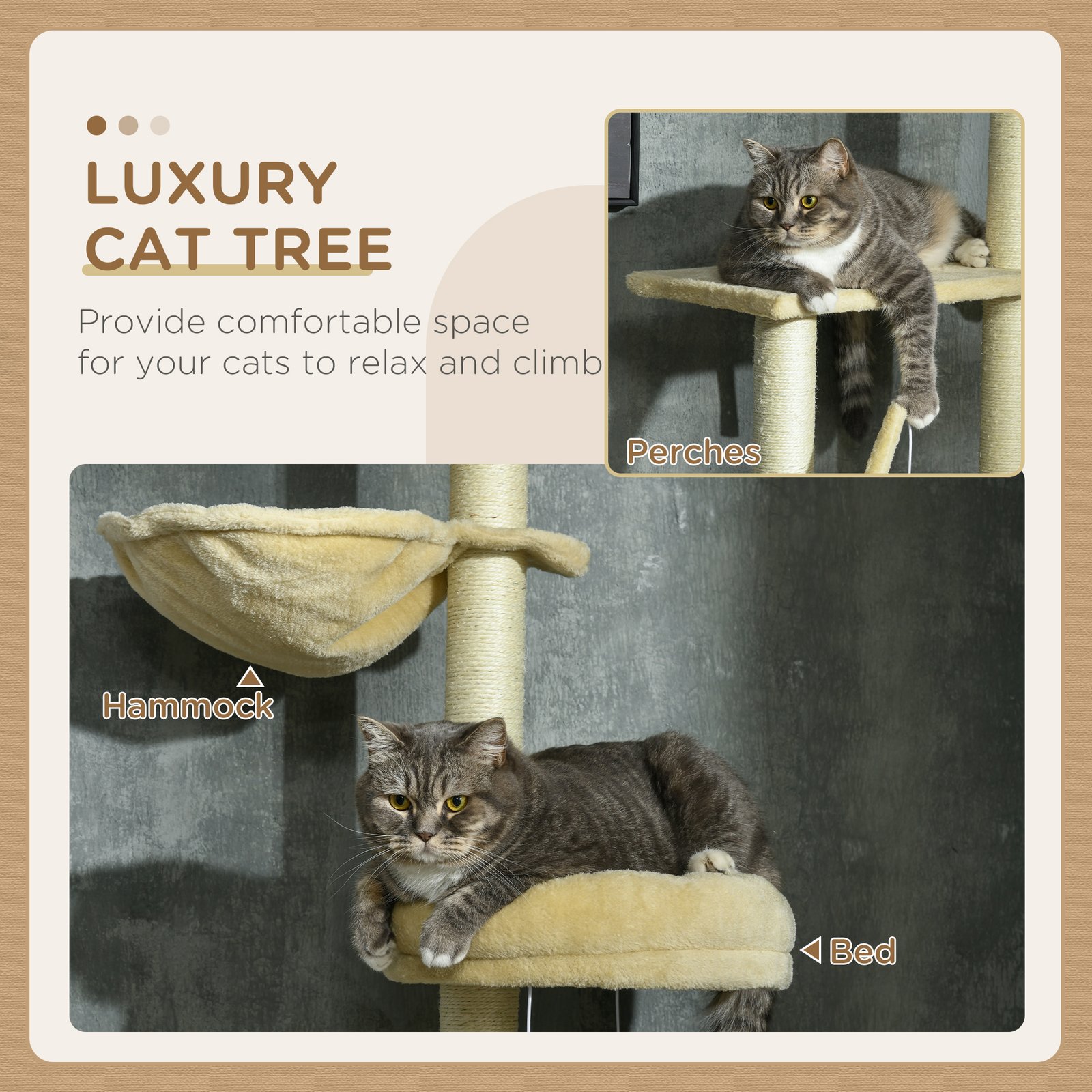 230-250cm Floor-to-Ceiling Climbing Cat Tree Tower - Beige