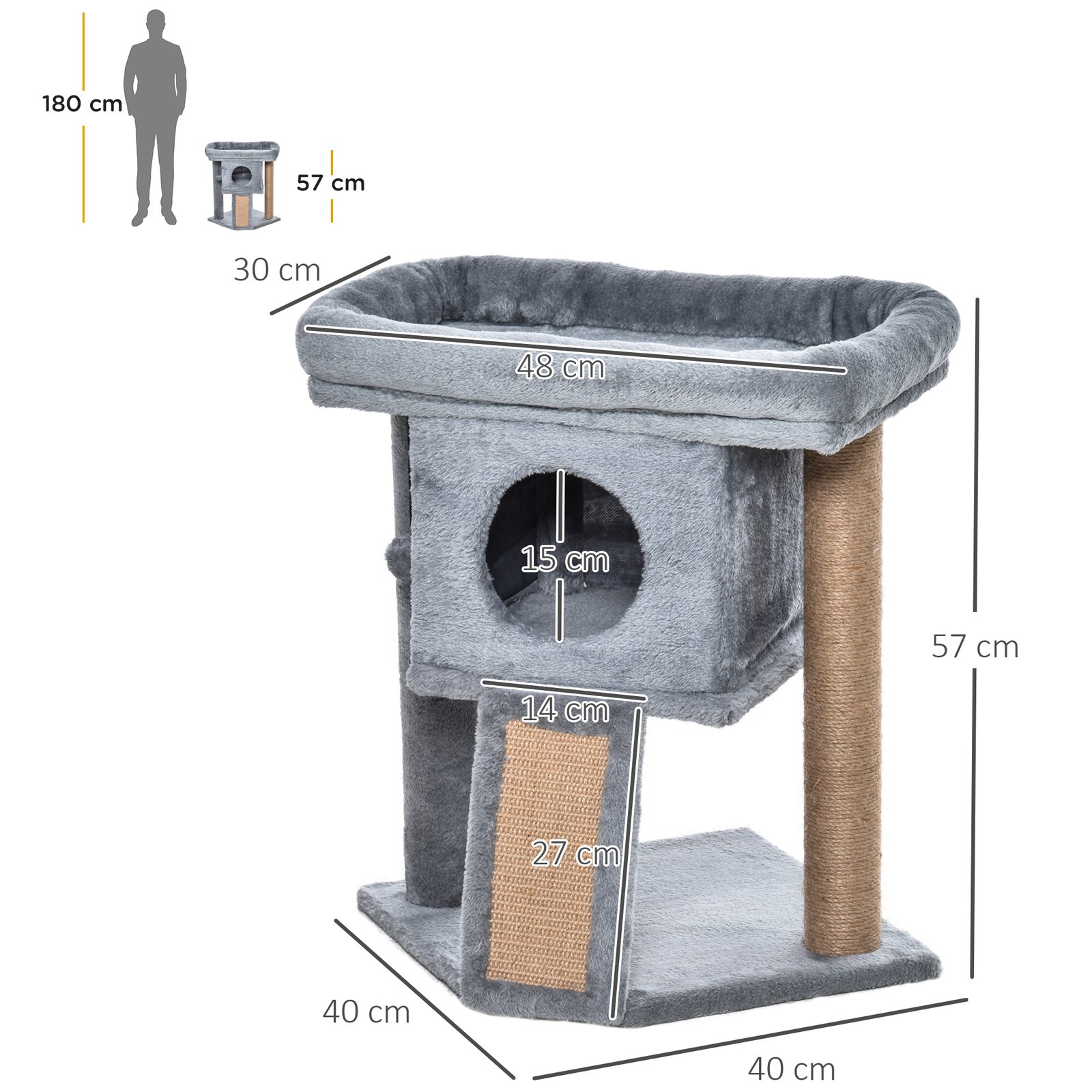 Cat Tree Tower for Indoor Cats Cat Scratching Post Climbing Activity Centre w/Jute Scratching Pad, Toy Ball, Cat House - Grey - Image 3