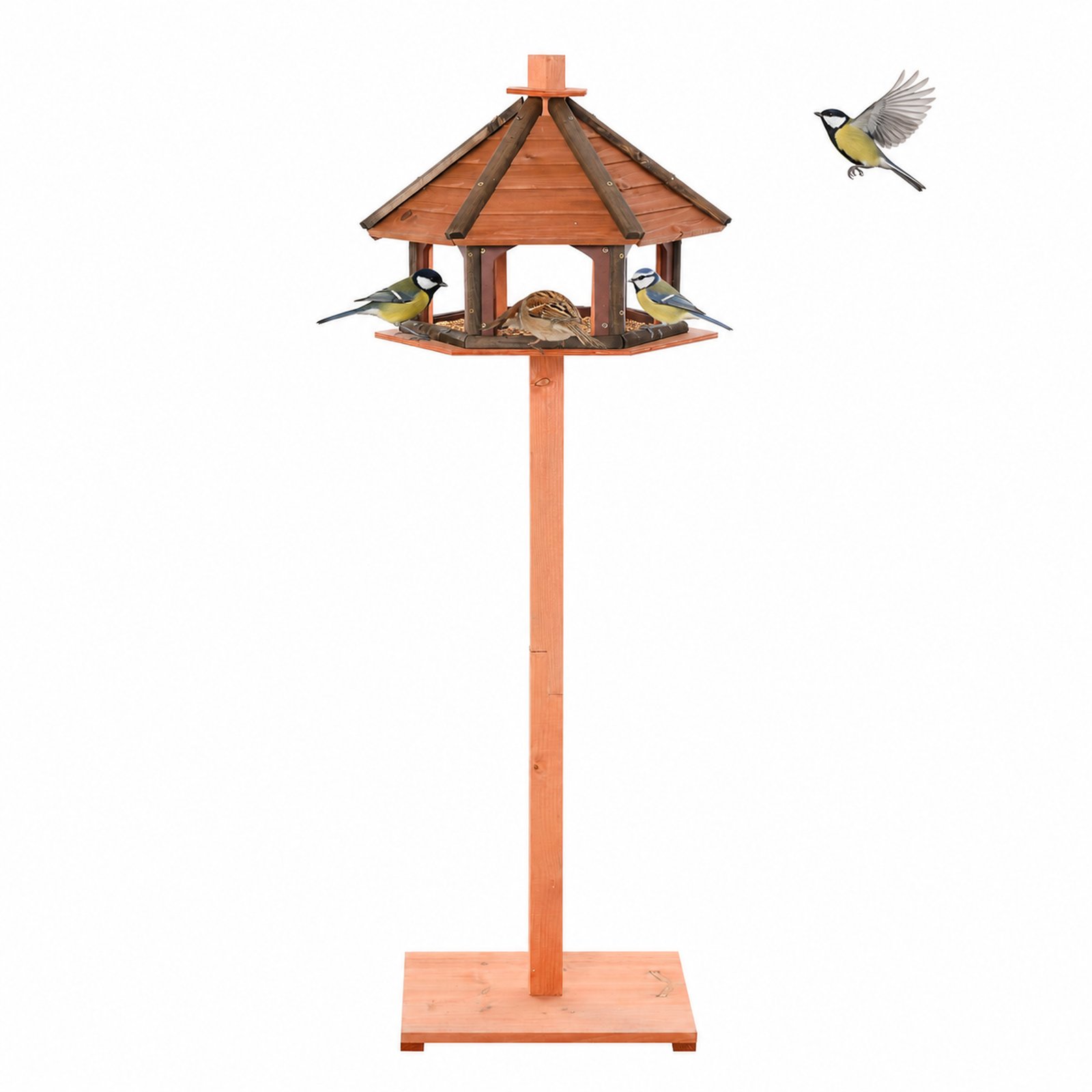 130cm Wooden Bird Table, Feeding Station with Roof for Outdoor, Brown
