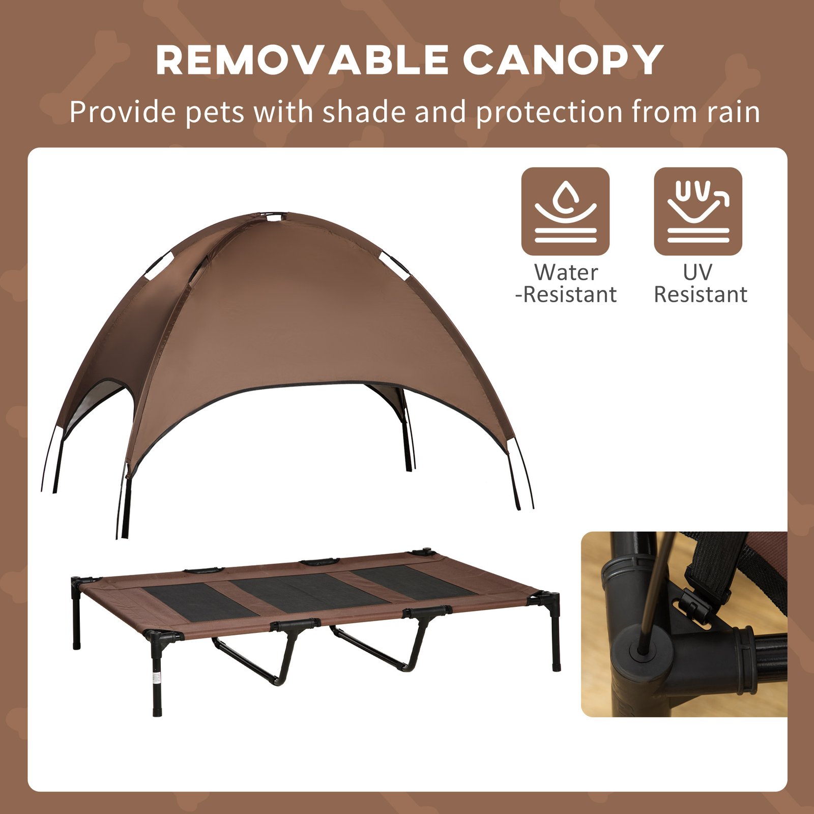Outdoor Dog Bed with Removable Canopy, Portable Raised Dog Bed for Camping, Garden & Beach, Water-Resistant UV-Protection Mesh Pet Cot Sun Lounger, for XL Pets, 122 x 92 x 108 cm, Brown