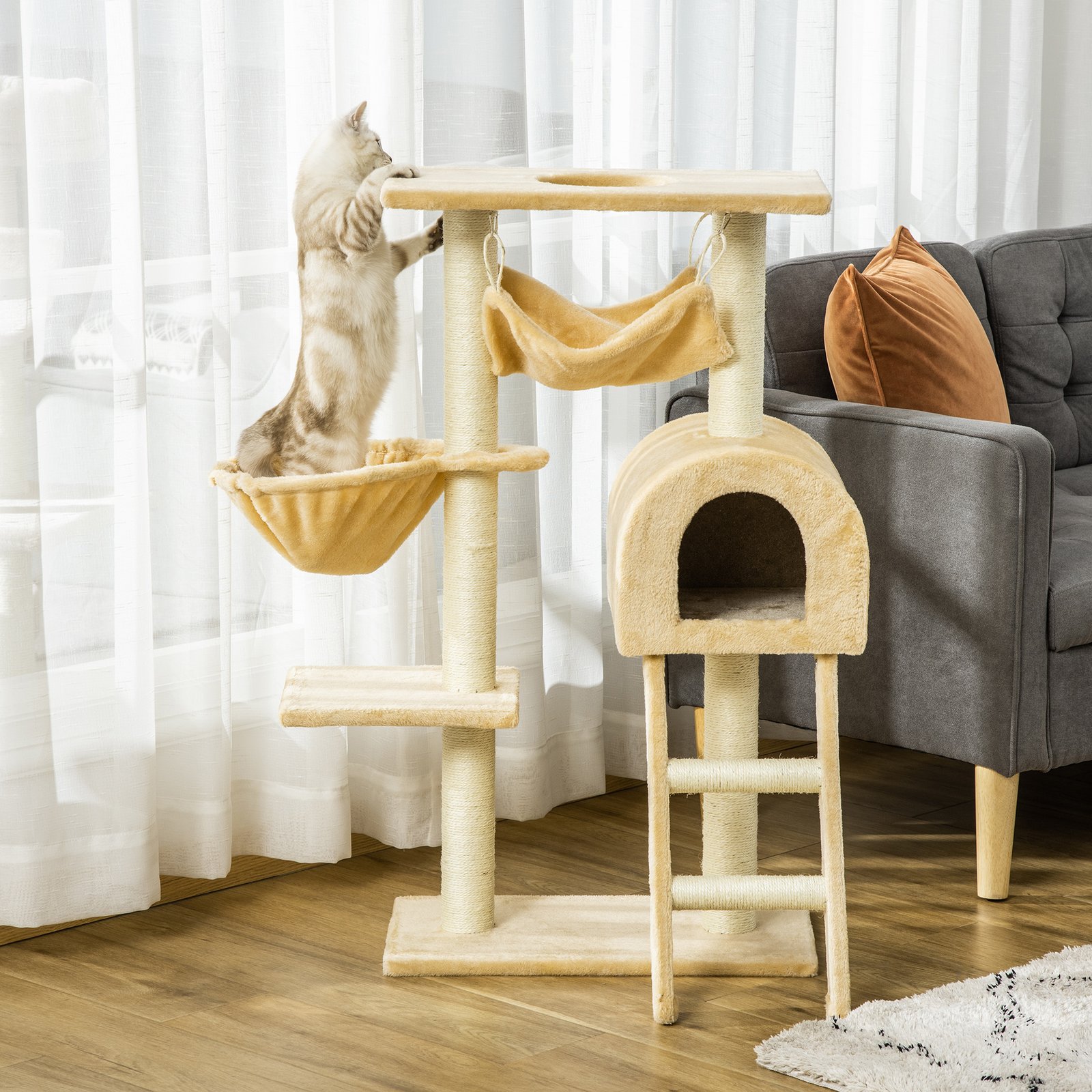 Cat Tree Tower for Indoor Cats Kitten Activity Centre Scratching Post w/ Hammock House Basket Ladder - Beige - Image 9