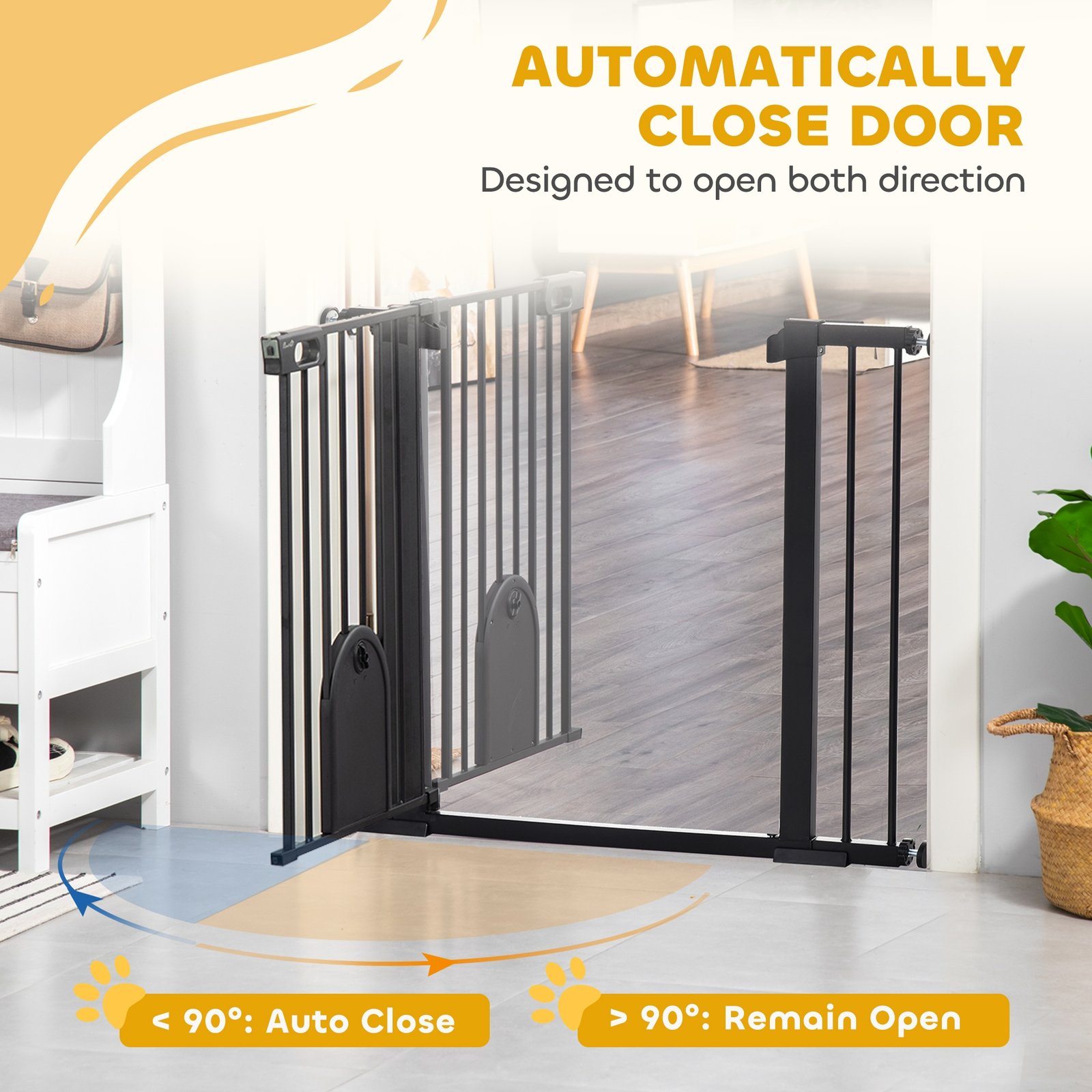 Dog Gate with Cat Flap Pet Safety Gate Barrier, Stair Pressure Fit, Auto Close, Double Locking, for Doorways, Hallways, 75-103 cm Black