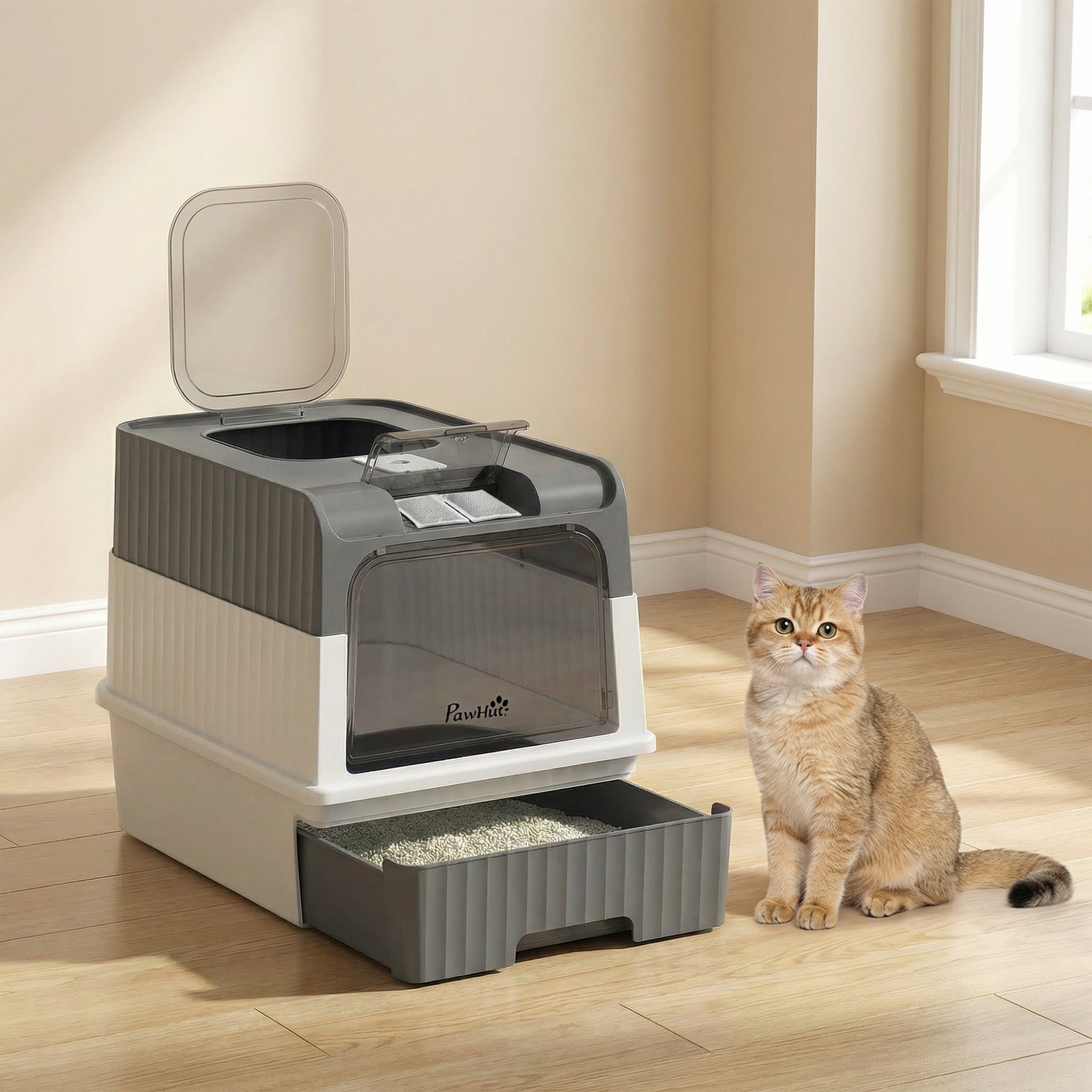 Enclosed Cat Litter Box with Lid, Pull-Out Drawer Tray, Scoop, 4 Deodorisation Bags, Front Entry & Top Exit, Grey