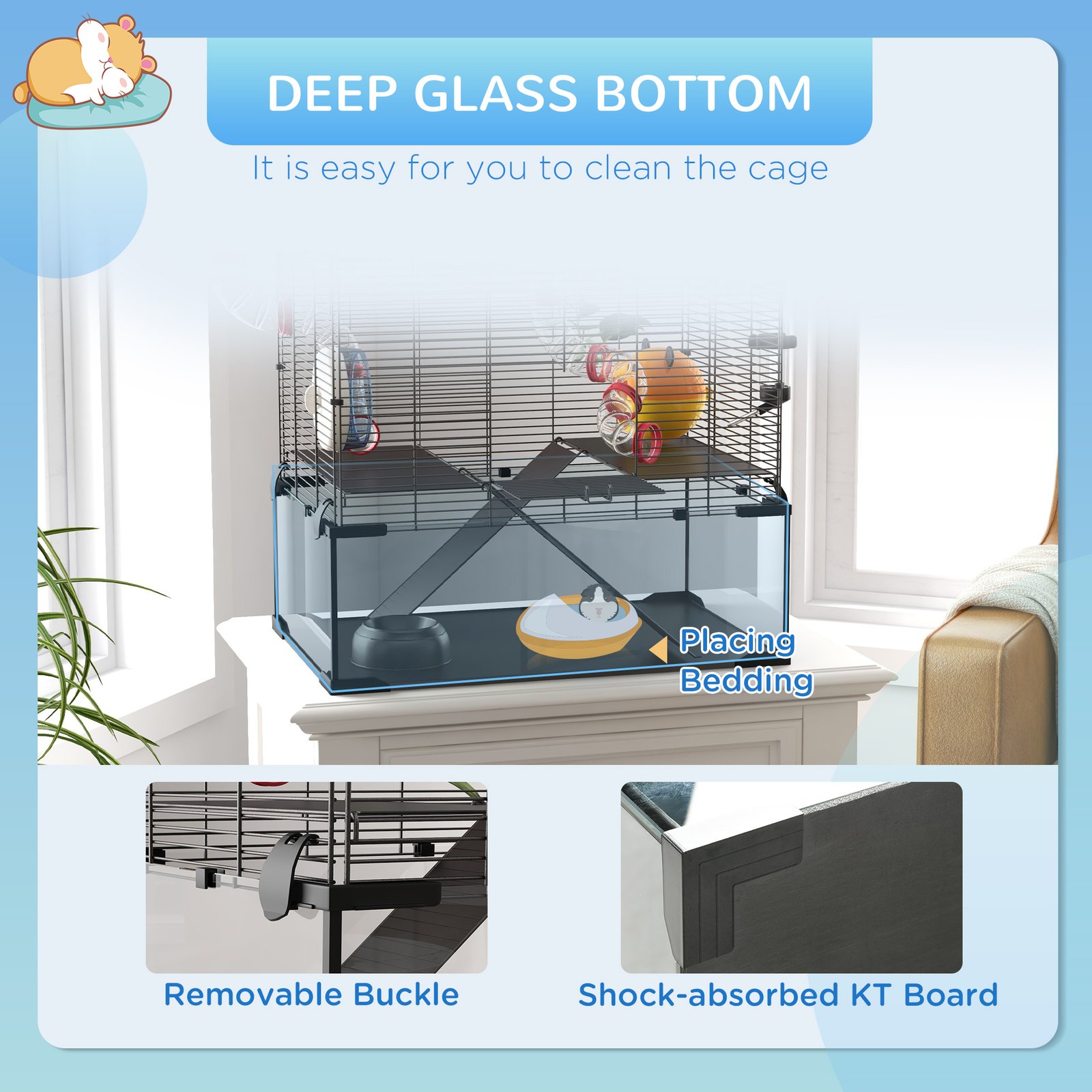 Gerbil Cage Dwarf Hamster Cage, with Deep Glass Bottom, Tunnels, Hut, Exercise Wheel, 60 x 40 x 57cm - Image 6