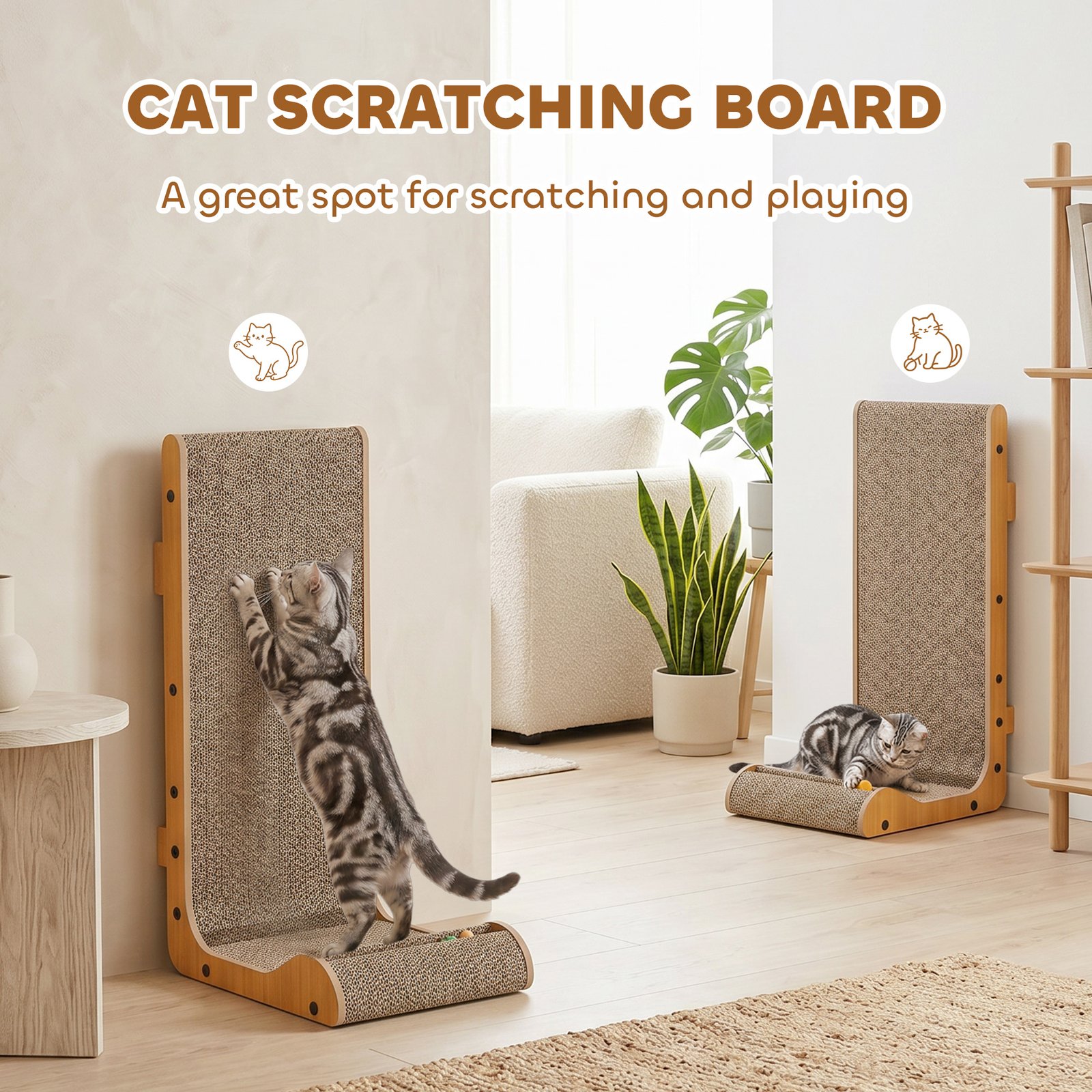 Cat Scratching Board Wall Mounted Cat Scratcher Corrugated 3 Toy Balls 39 x 23.5 x 57.5 cm Brown - Image 4